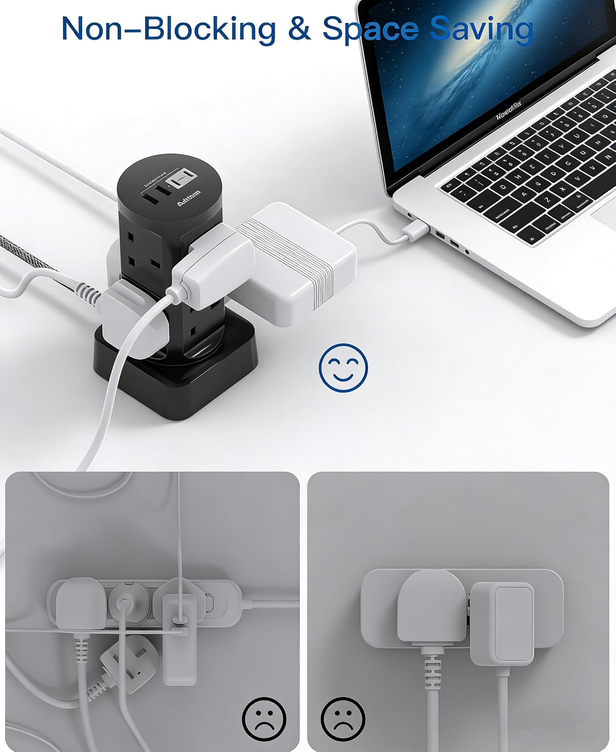 Thumbnail 5 de 3M Tower Extension Lead with USB Slots (8-Way) - 13A 3250W with Built-in USB-C & USB-A Ports