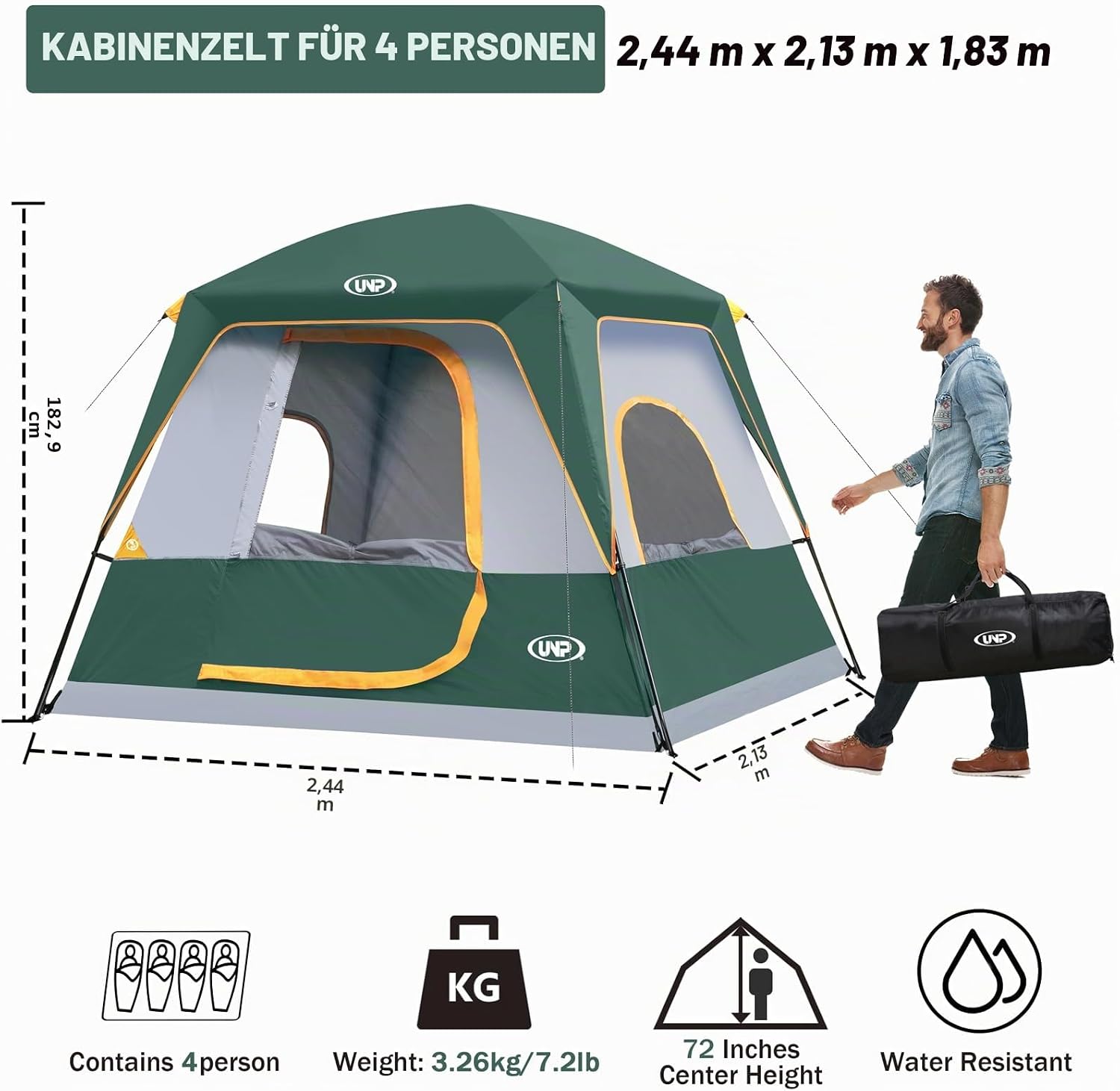 Detalle 2 de UNP Campingzelt für 4–8 Personen – einfach aufzubauen, wasserdicht mit Regendach, Stehhöhe