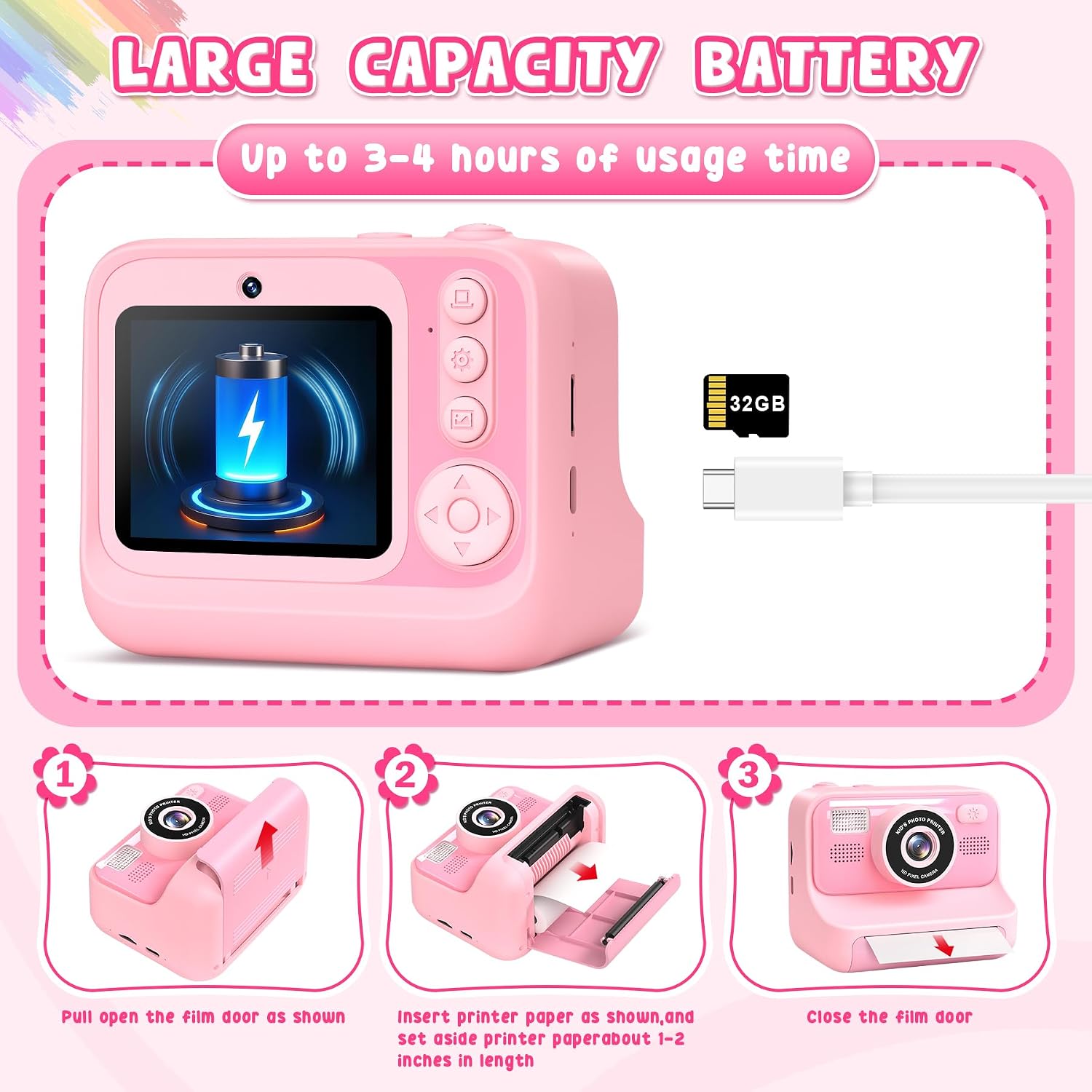 Thumbnail 6 de Subtail Appareil Photo Instantané Enfant rose 2,4" – selfie, impression thermique sans encre et carte 32GB