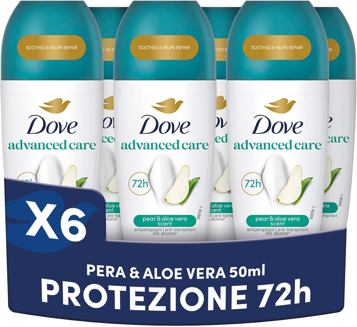 Dove Advanced Care Deodorante Roll On Pera e Aloe - 6x50 ml, protezione fino a 48 ore