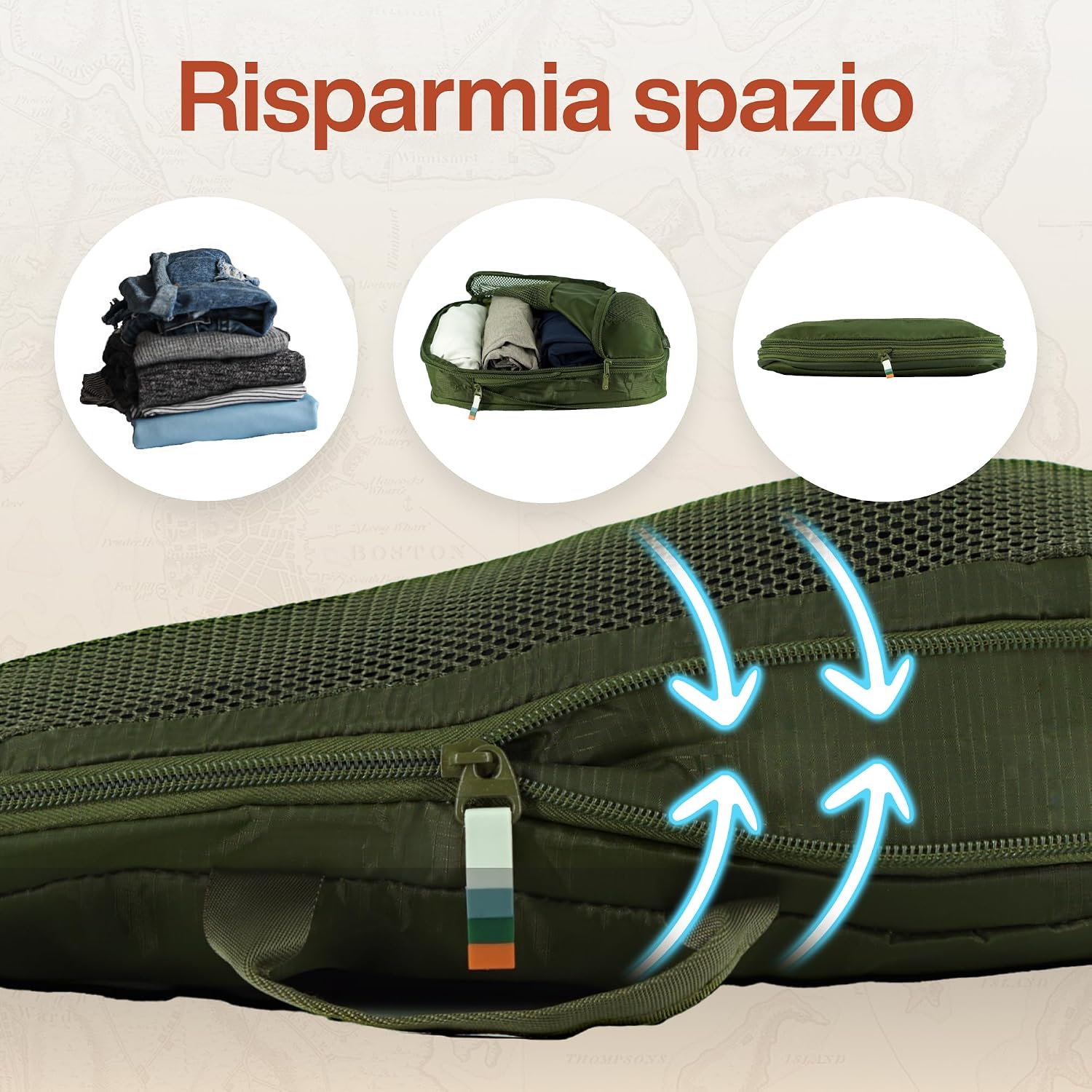 Detalle de TRAVEL DUDE Organizer valigia con compressione e packing cubes (set da 7) Verde Foresta
