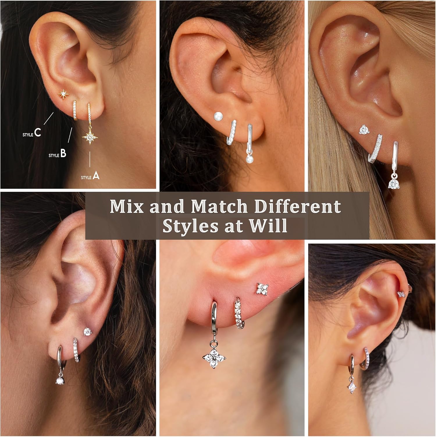 Thumbnail 2 de AVOTTO 3-pair sterling silver stud hoop earrings set (hypoallergenic) for women
