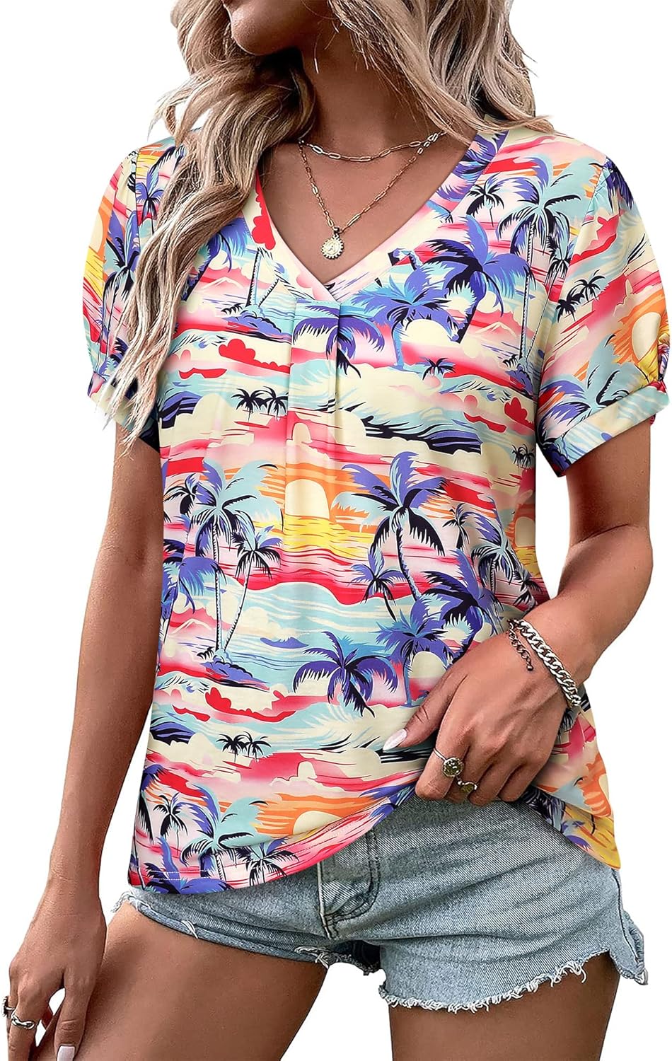 Thumbnail 6 de WIEIYM Women V Neck Pleated Puff Short Sleeve Tropical Floral Blouse