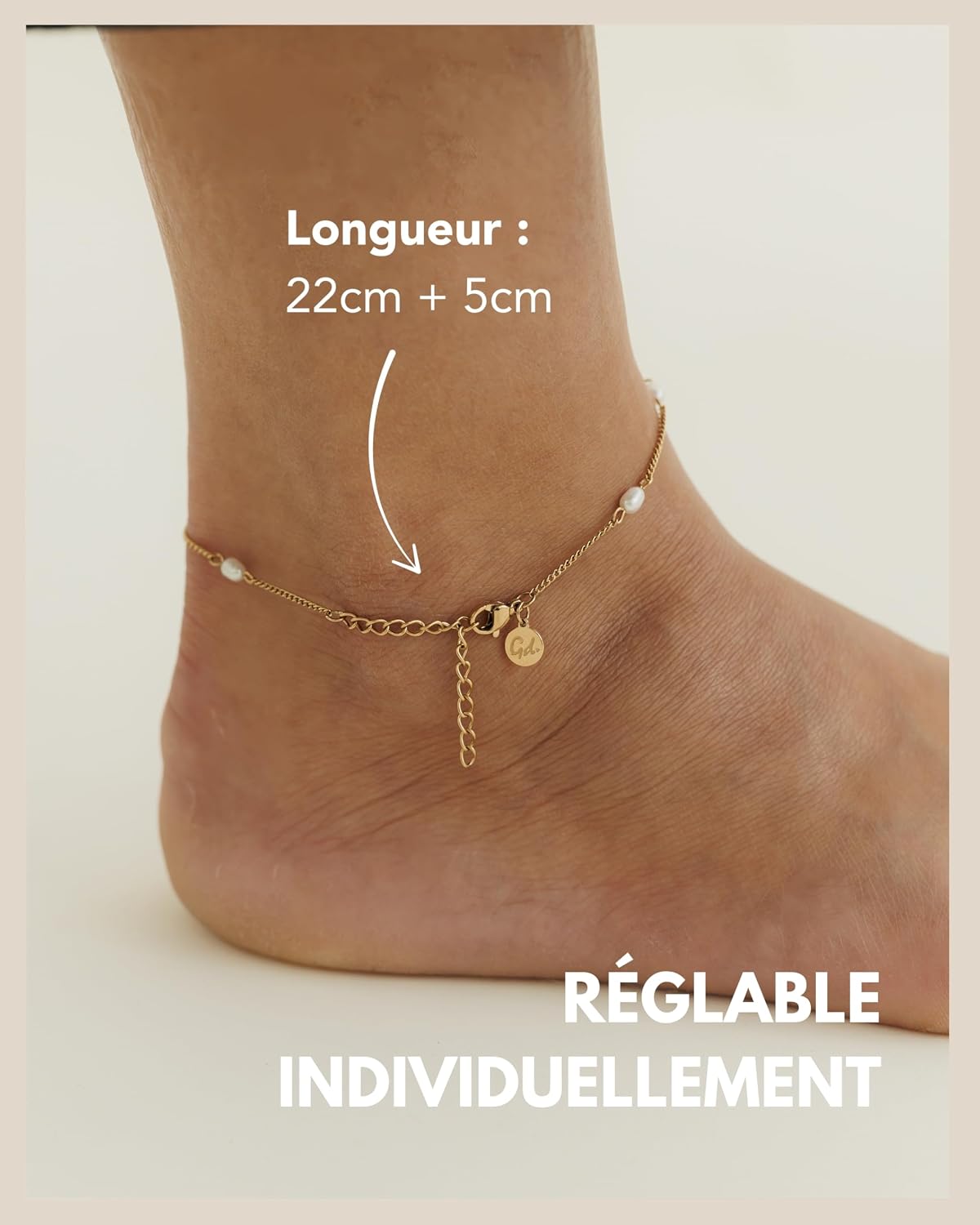 Detalle de GD GOOD.designs Est. 2015 Bracelet de cheville avec perles d'eau douce véritables – ajustable et résistant à l’eau