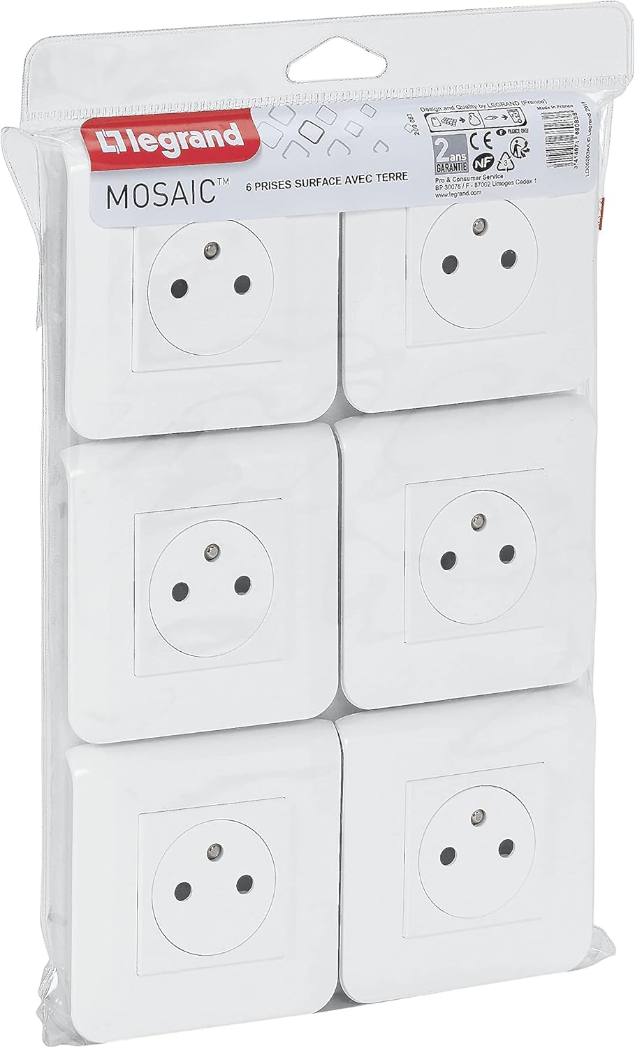 Thumbnail 2 de LEGRAND Mosaic Surface – Prise électrique murale 2P+T avec terre, plaque de finition et support, blanc – Lot de 6 (Fabriqué en France)
