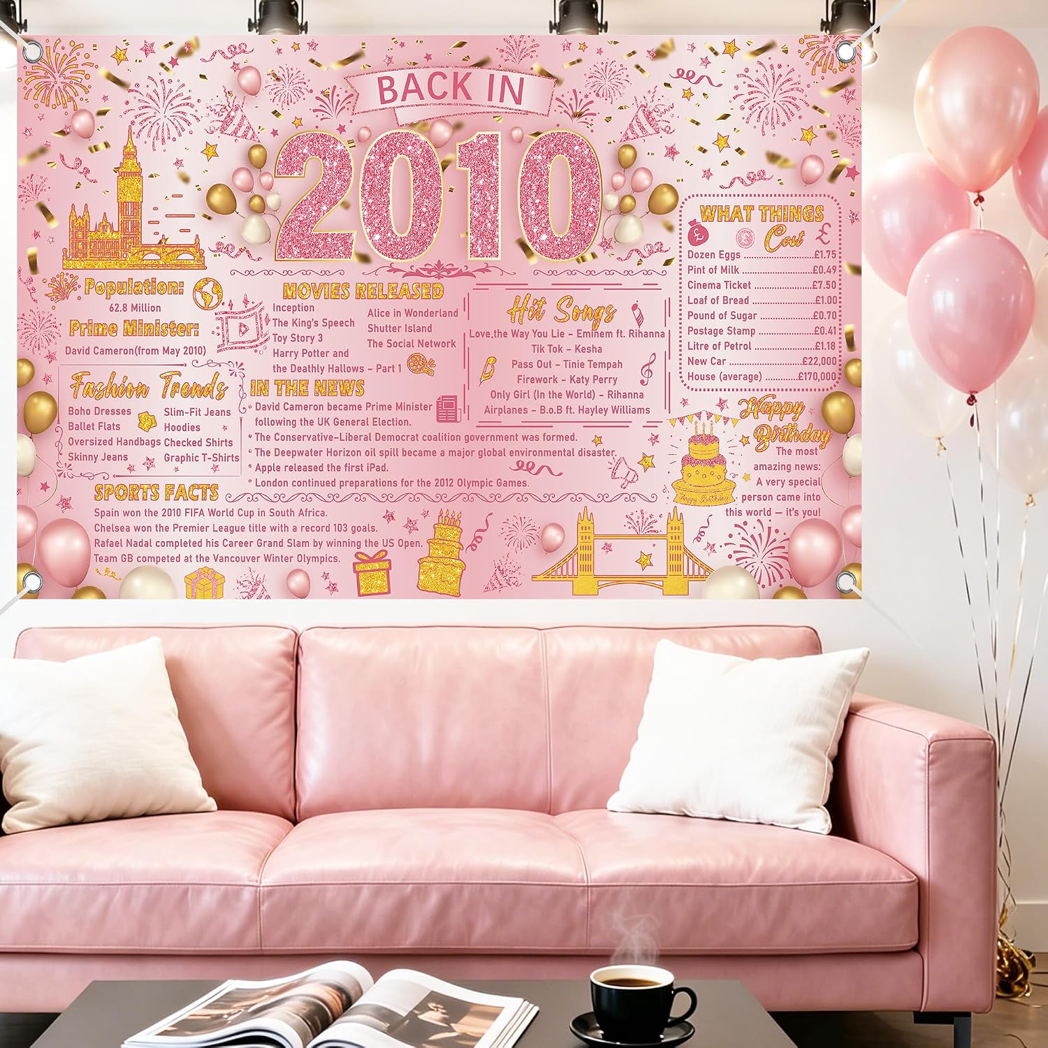 Thumbnail 6 de Sweet 16 Birthday Decorations for Girls: Pink Gold 2010 Backdrop Banner (110 x 180 cm)