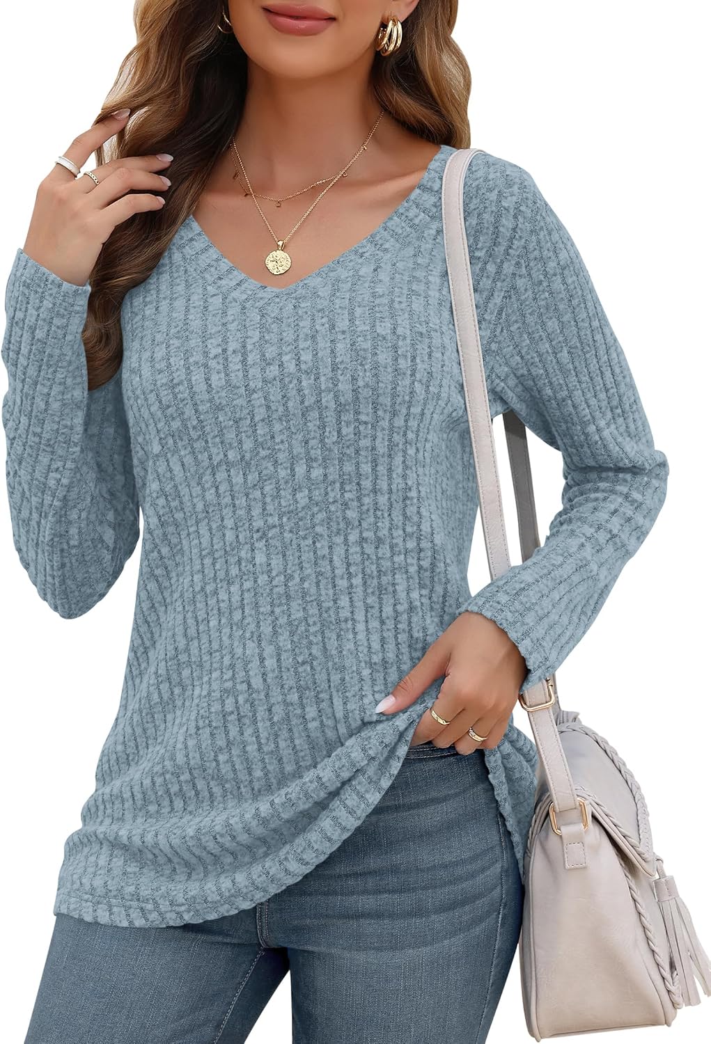 Detalle de WNEEDU Women's V-Neck Lightweight Tunic Sweater, Long Sleeve, Loose Fit