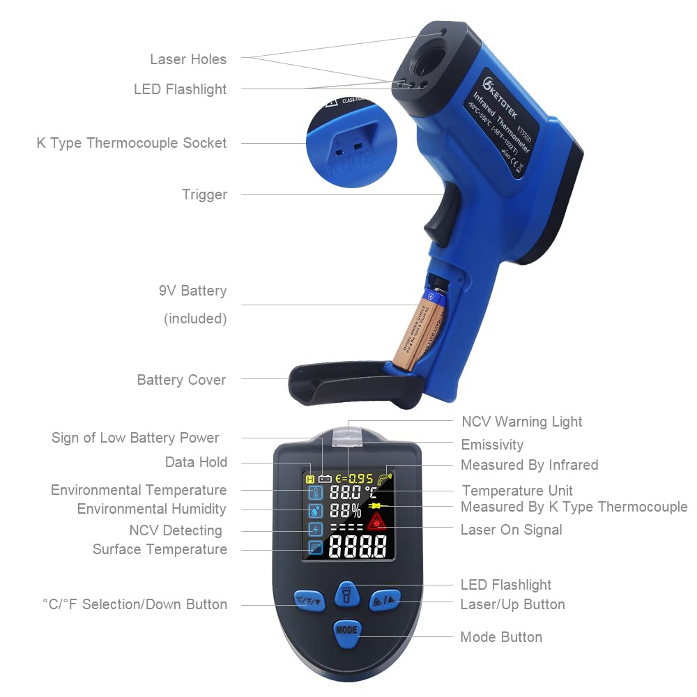 Thumbnail 6 de KETOTEK Termometro digitale a infrarossi “pistola laser” con sonda tipo K e NCV, doppio laser -50~550°C