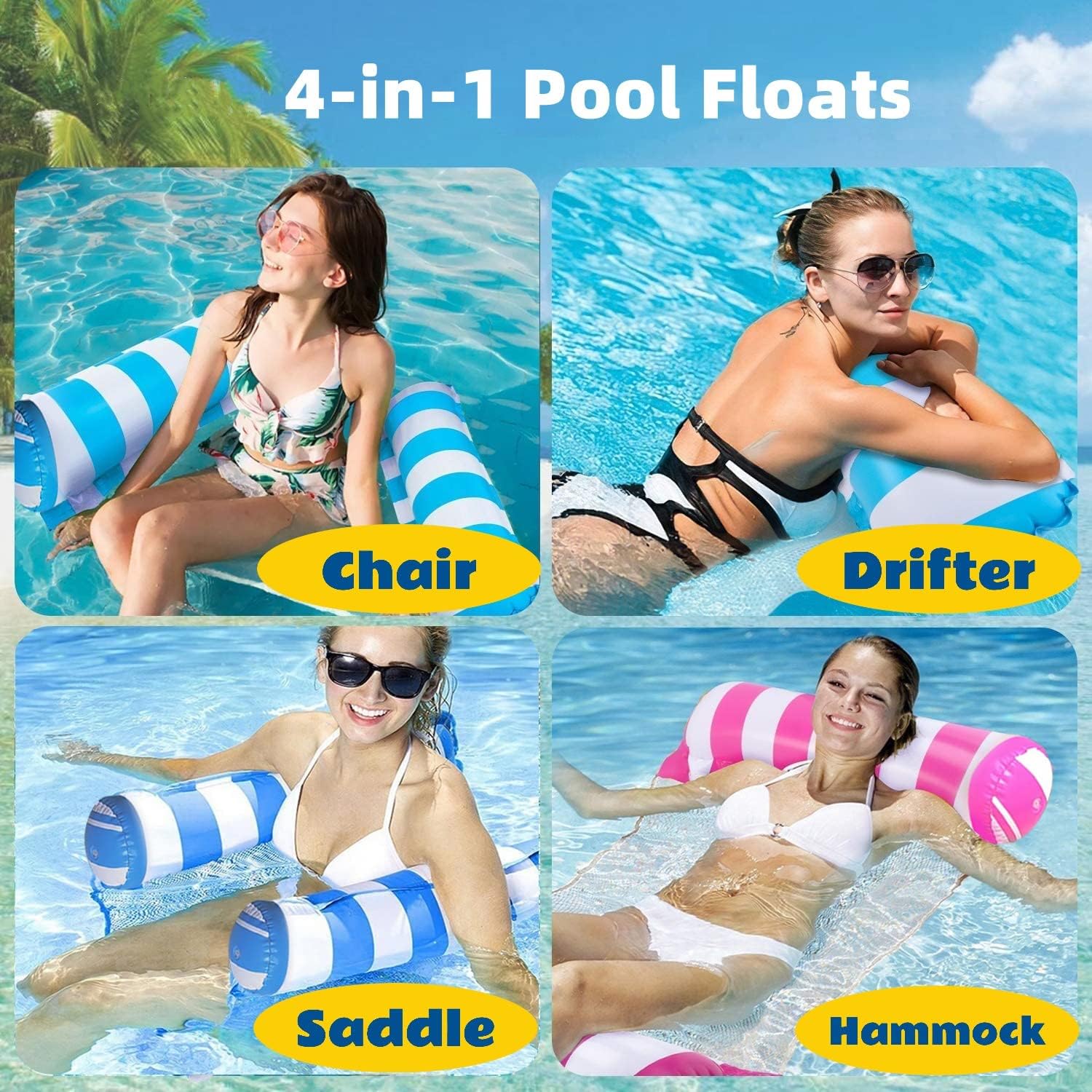 Thumbnail 1 de 4-Pack Upgraded XL Water Pool Floats (4-in-1) Multi-Purpose Float Set with Hammock, Saddle, Lounge Chair & Drifter