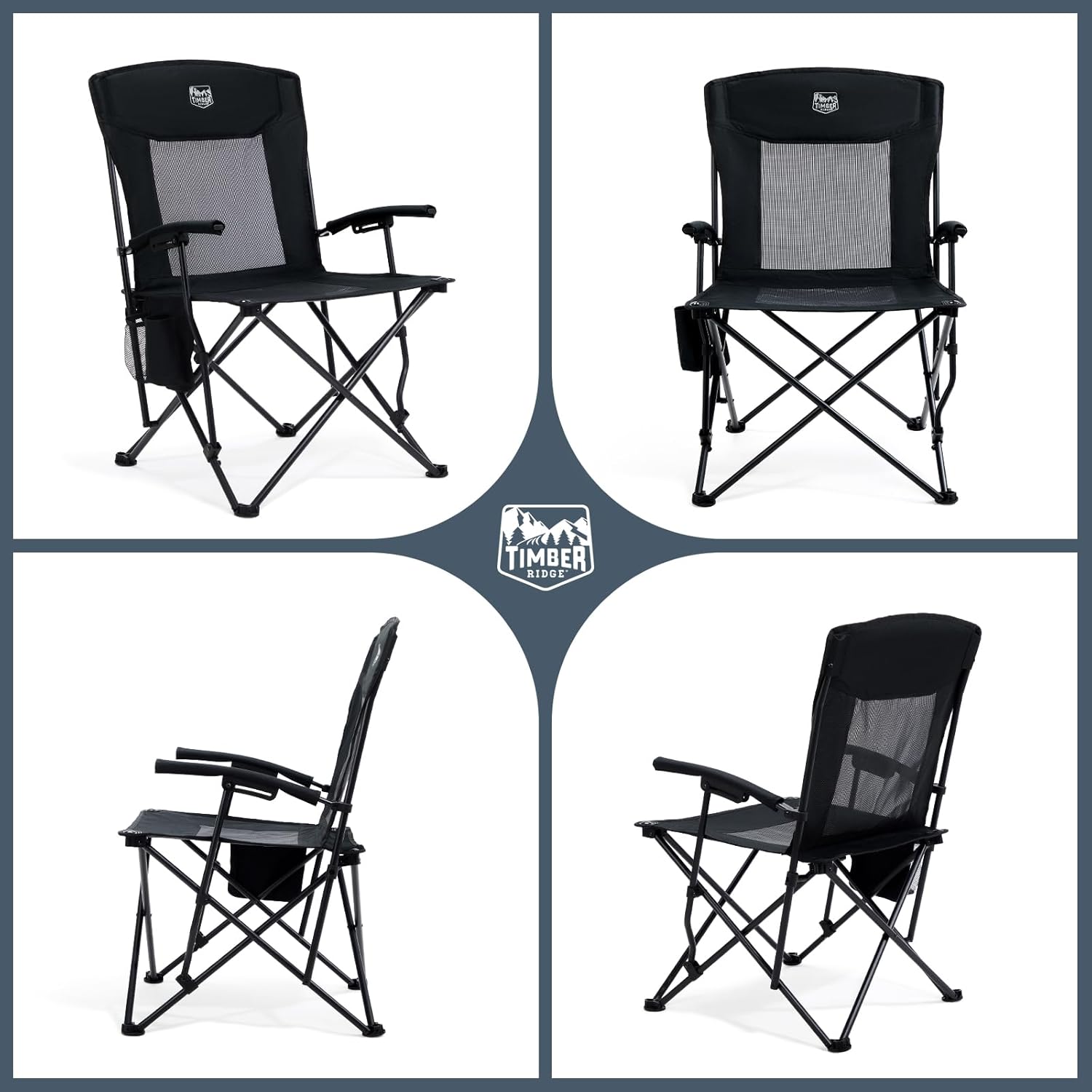 Thumbnail 6 de TIMBER RIDGE Folding Camping Chair for Adults (Heavy Duty, 150kg) with High Back & Mesh Back, Black