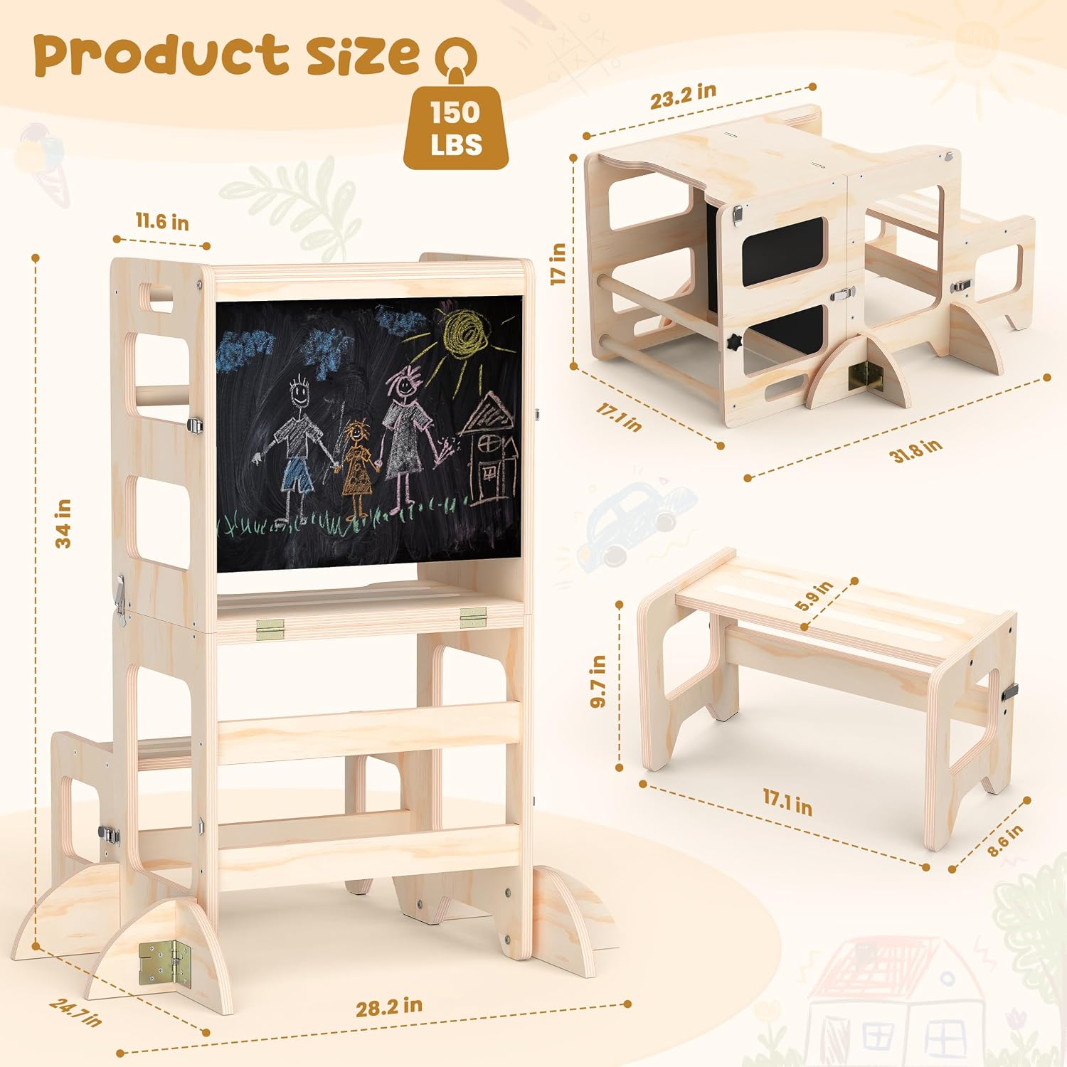 Detalle de Toddler Kitchen Step Stool 4-in-1 Foldable Standing Tower with Blackboard (Ages 18 Months to 4 Years)