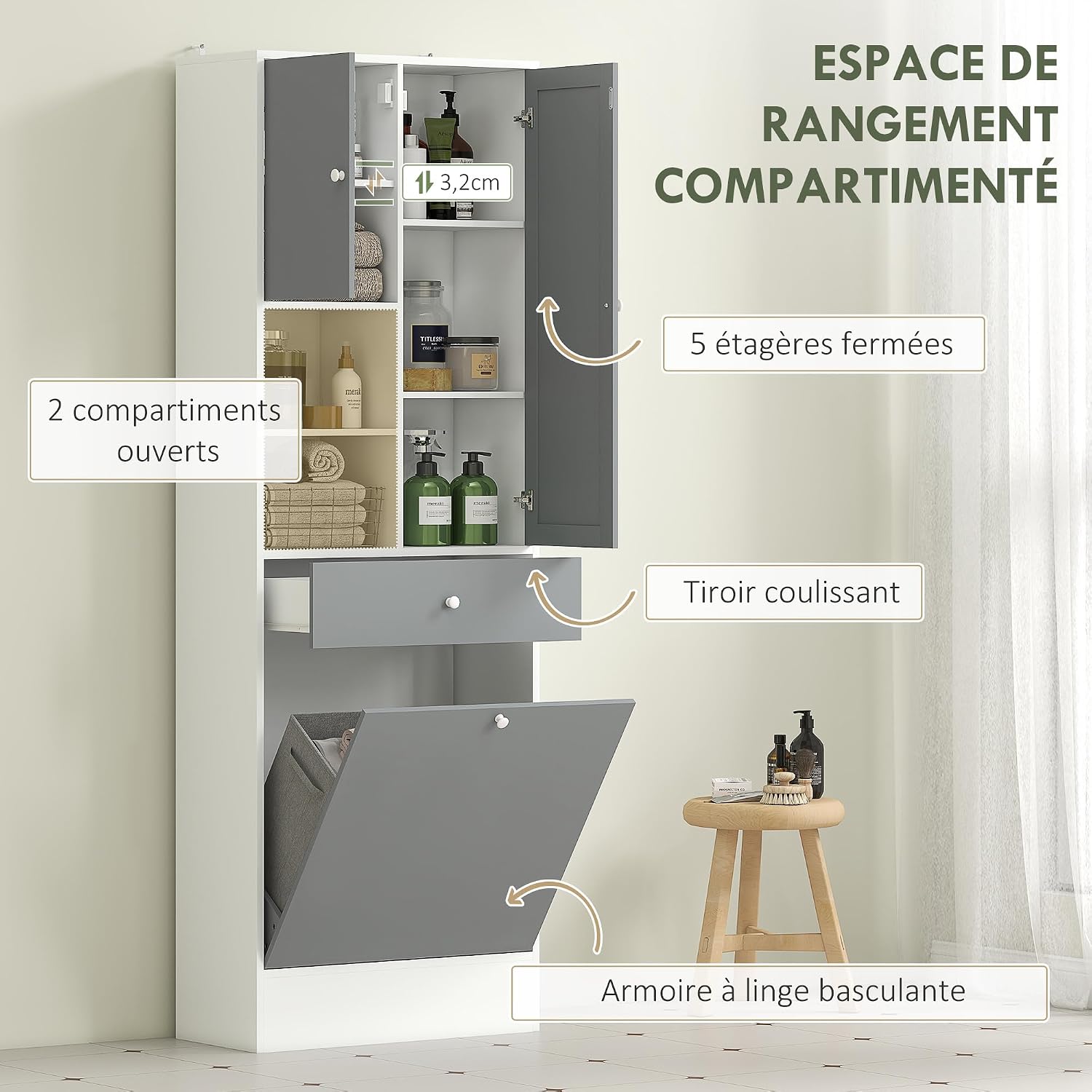Thumbnail 3 de HOMCOM Meuble de bain haut gris blanc