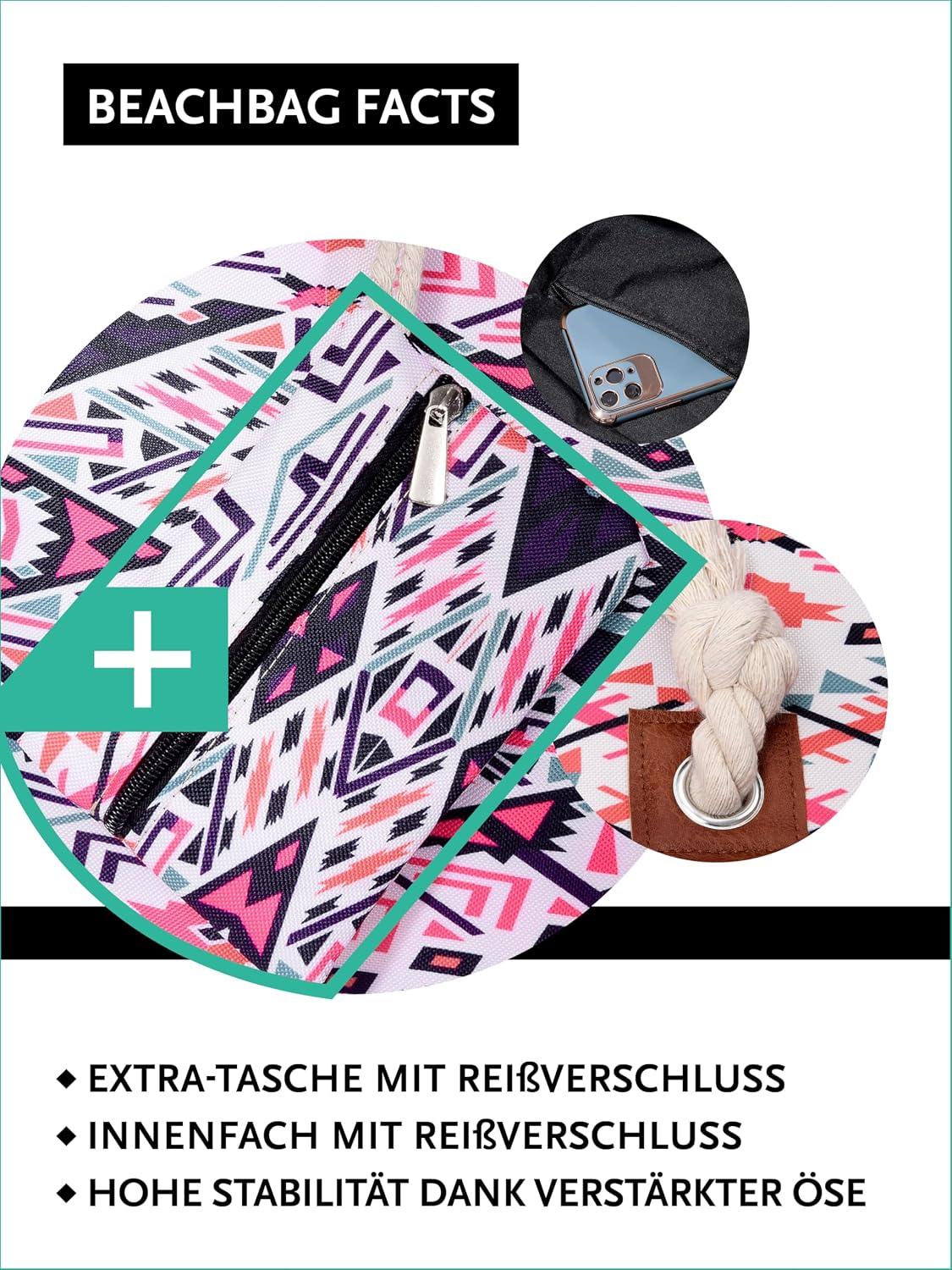 Detalle de DonDon Strandtasche XXL mit Reißverschluss – große Beach bag & Shopper Tasche Damen inkl. Mini-Tasche
