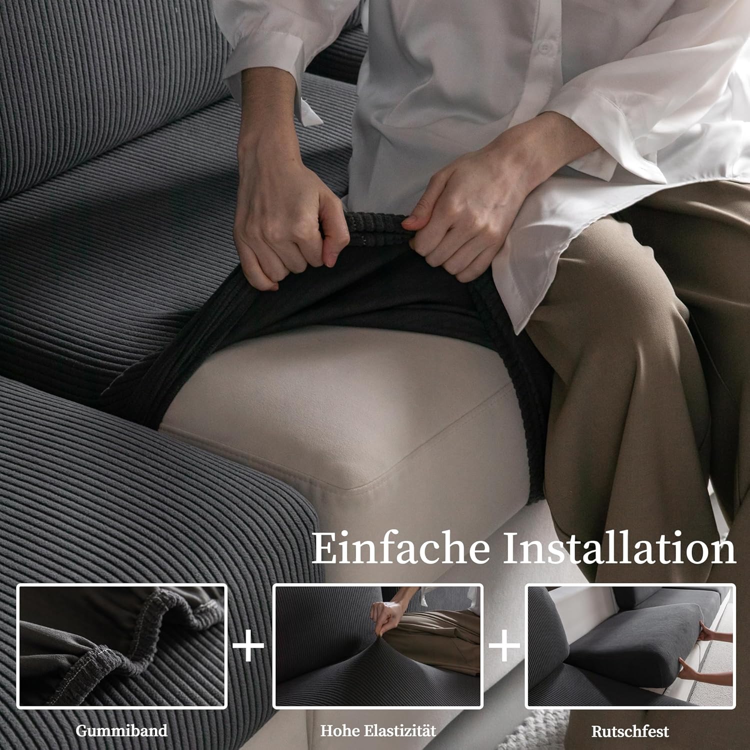 Thumbnail 4 de OHSIO Stretch Sofa Sitzkissenbezug für Chaiselongue – rutschfester, waschbarer Sofabezug in Dunkelgrau