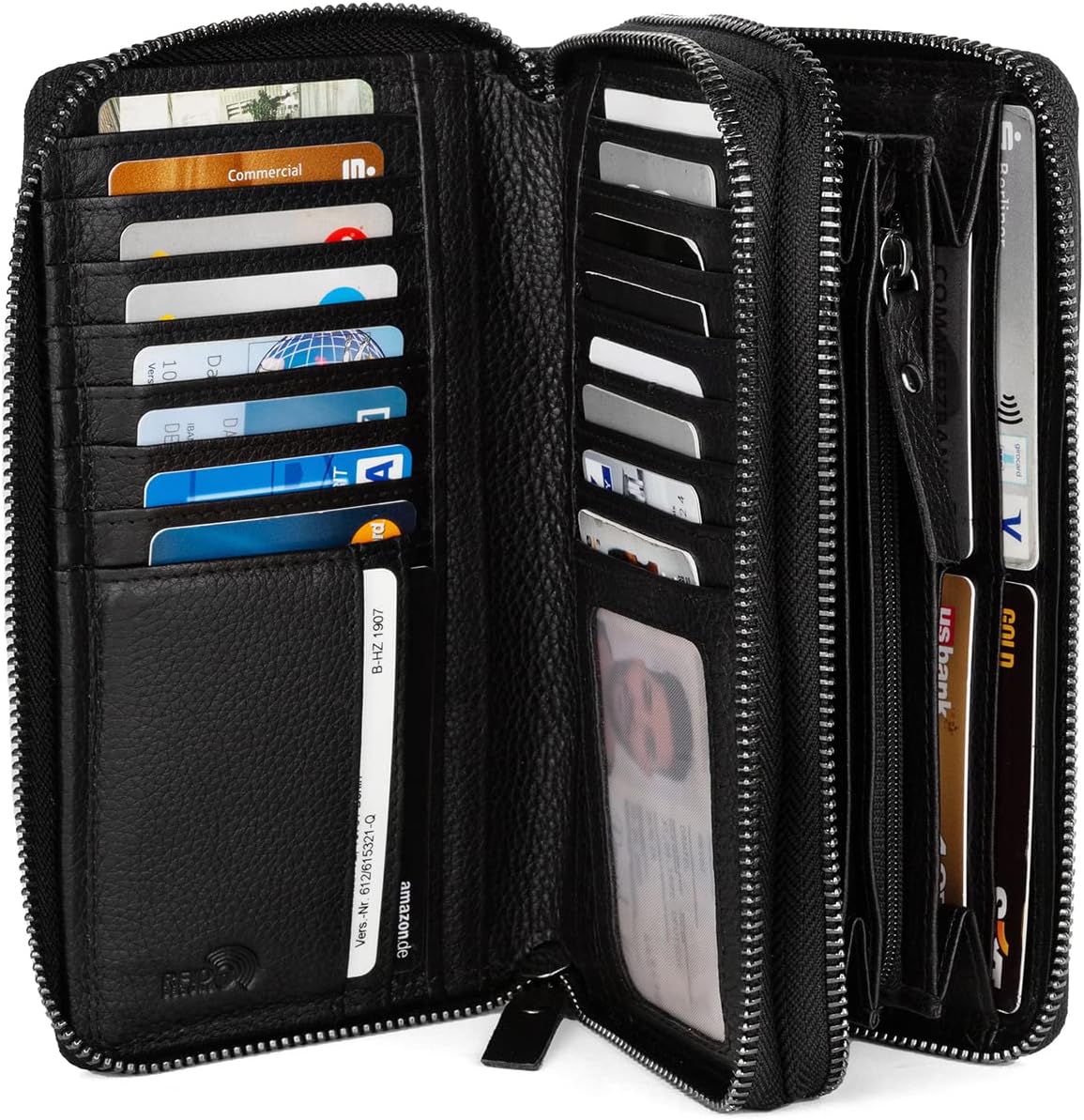 Thumbnail 2 de LEABAGS Damen-Leder-Geldbörse XXL mit RFID-/NFC-Schutz, Echtleder und großem Portemonnaie (29 Kartenfächer, doppelter Reißverschluss)