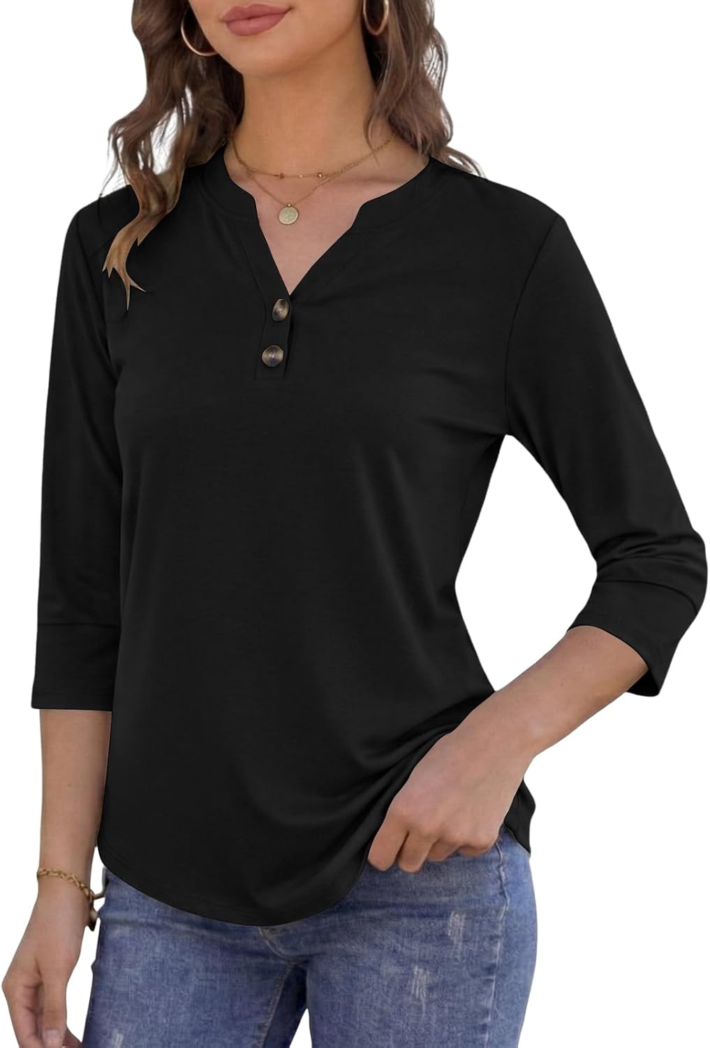 Detalle 2 de Cuptacc Damen Sommer-Bluse mit V-Ausschnitt, 3/4 Henley-Ärmel und Boyfriend-Passform – Boho-Print fürs Büro und Freizeit