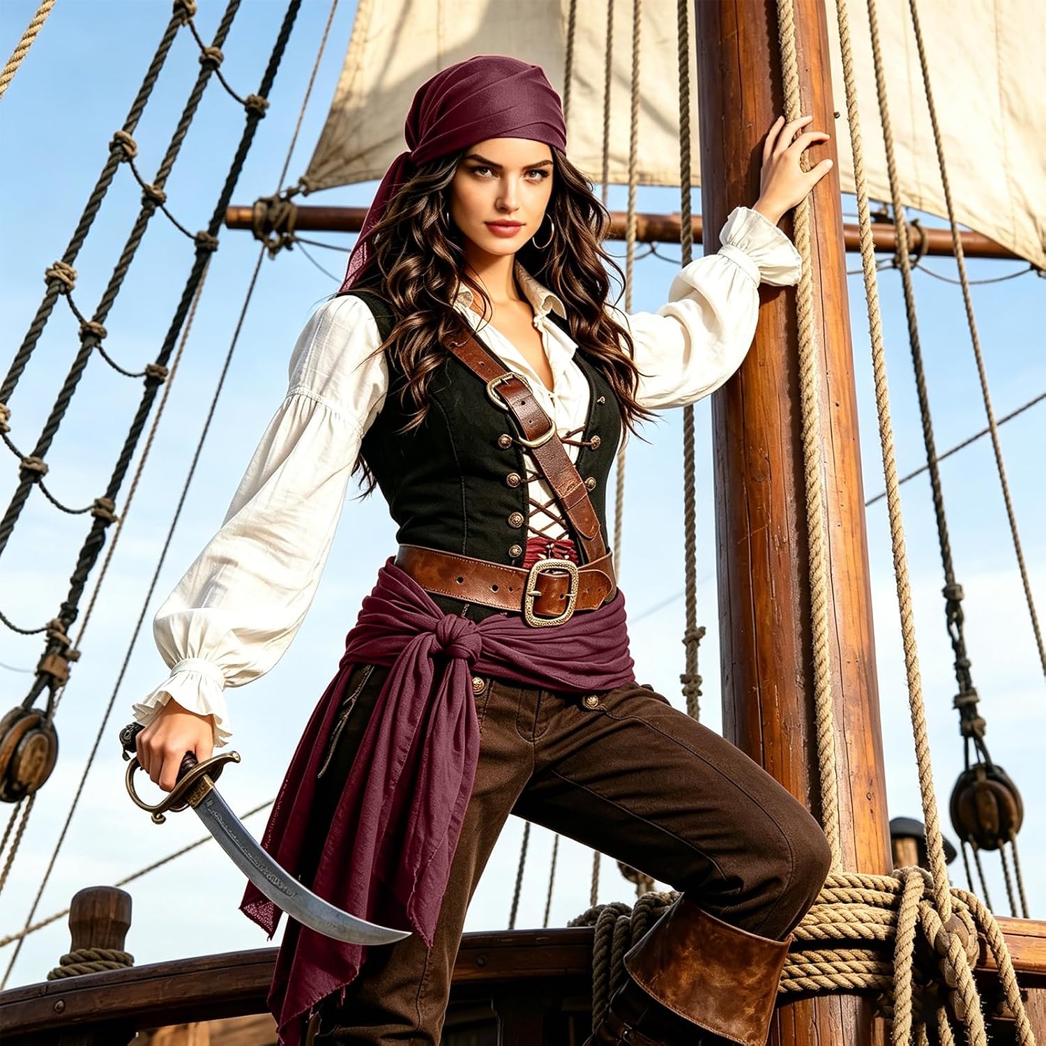Thumbnail 1 de Two-Piece Satin Pirate Costume Accessories: Bandana and Sash