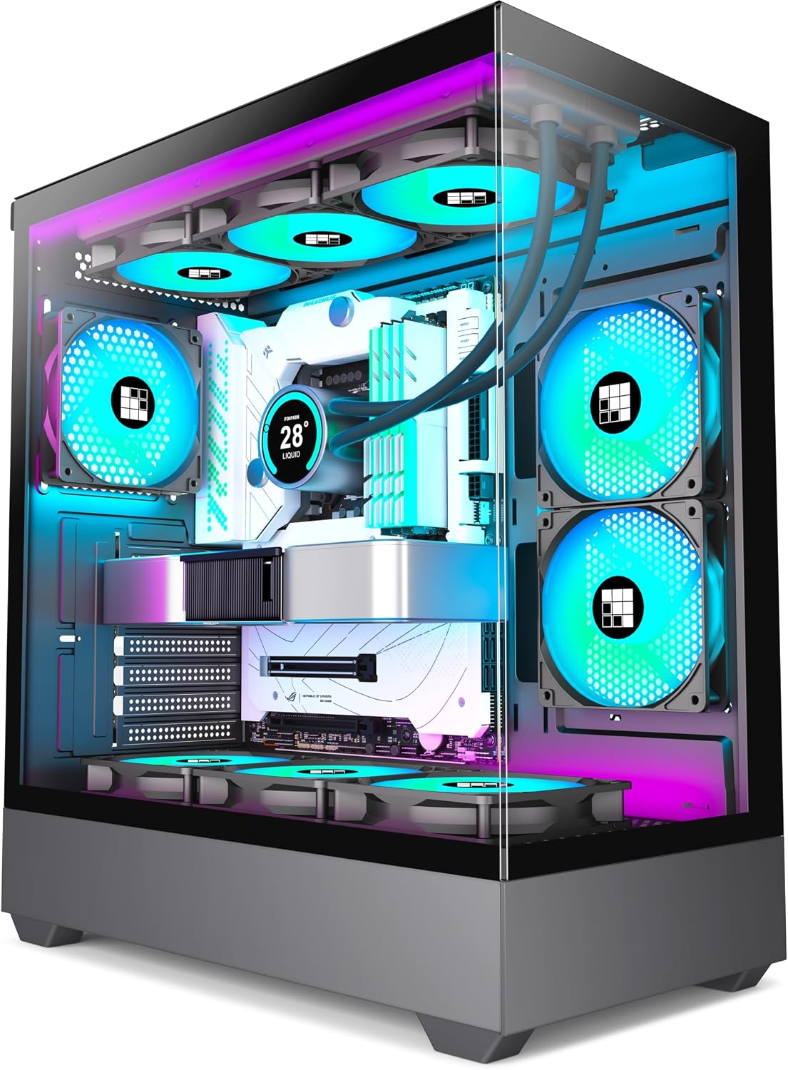 Detalle de FOIFKIN F1 ATX PC Case – 6 PWM ARGB Fans, 270° Panorama Tempered Glass, ATX Mid-Tower