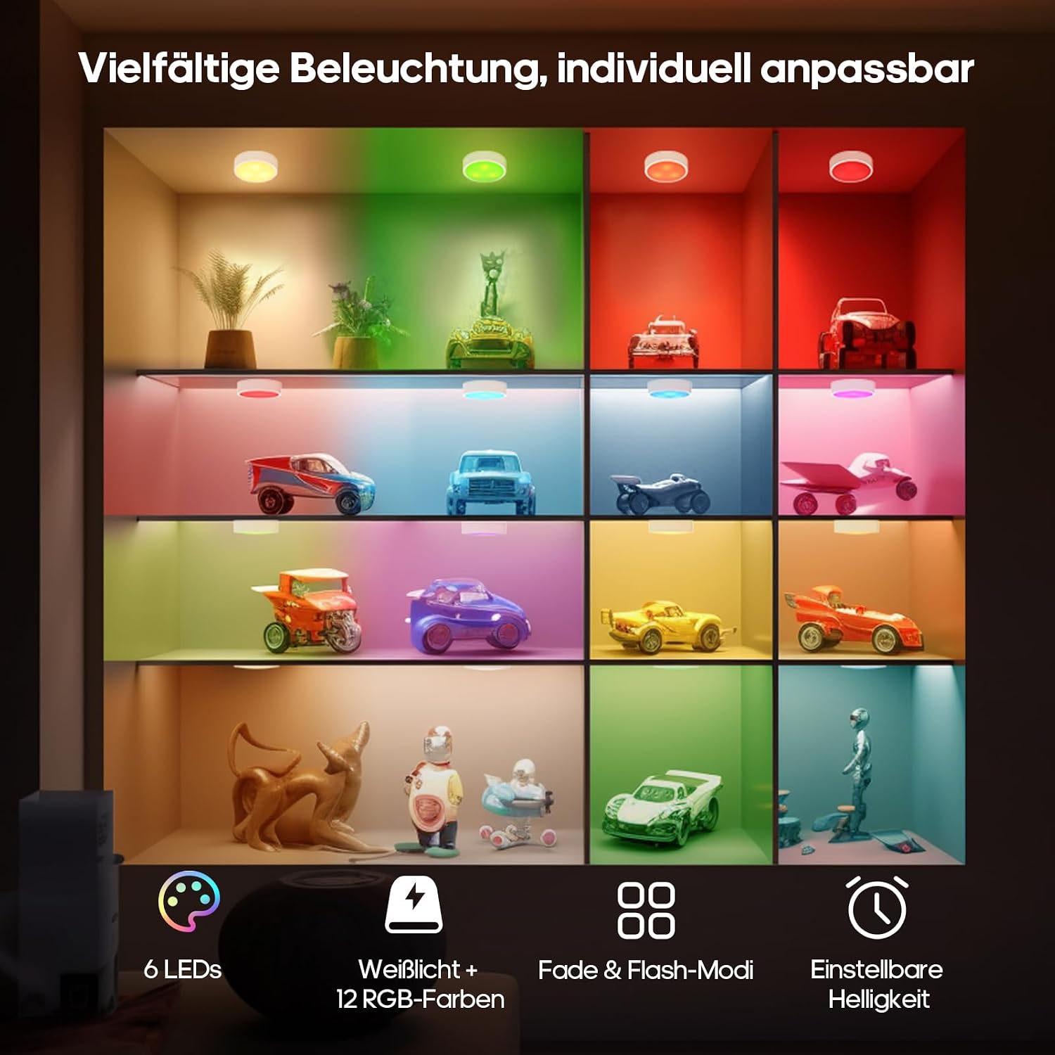 Detalle de GOODEA.fun Kabellose Vitrinenbeleuchtung – 6× Aufladbare RGBW-Puck Lights mit Fernbedienung