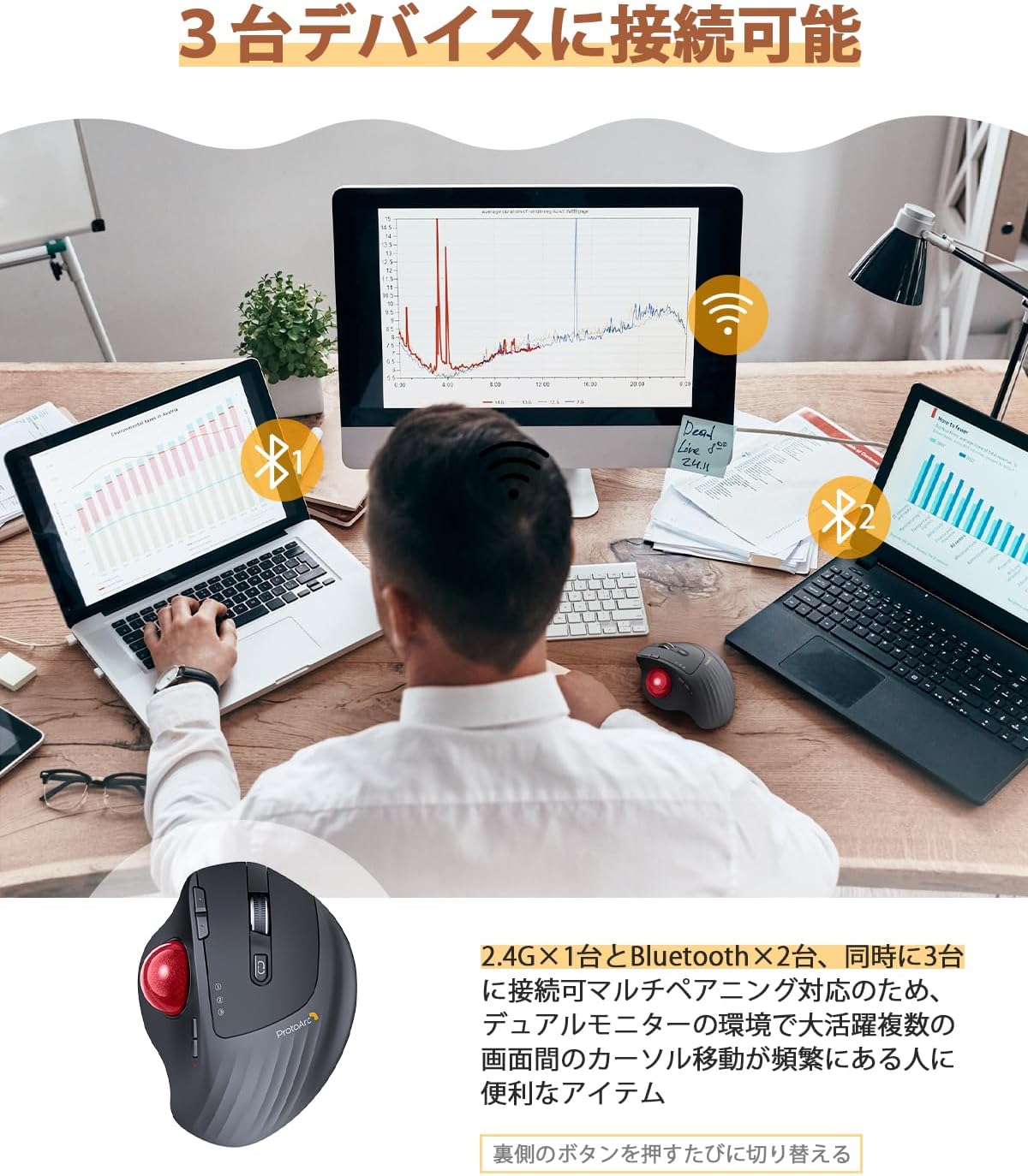 Detalle de ProtoArc EM01 NL トラックボールマウス 静音・角度調整・3台接続対応 レッド