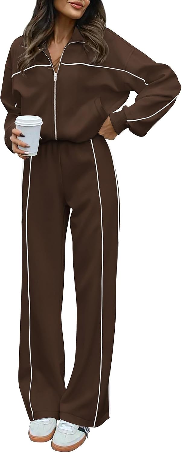 Detalle de BTFBM Women's Two Piece Tracksuit - Fall 2026 Long Sleeve Zip Up Sweatshirt & Wide Leg Pants