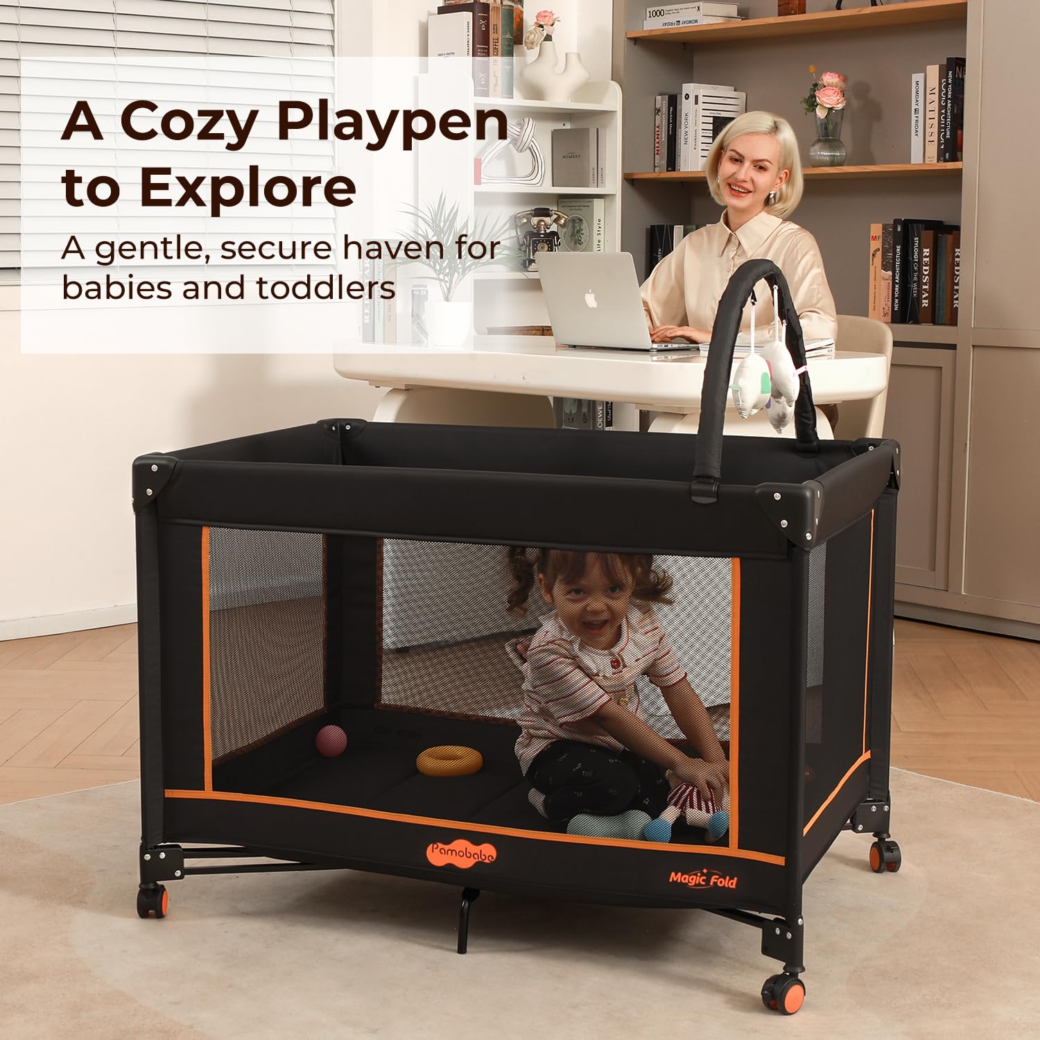 Detalle de Pamo Babe Pack and Play Travel Crib with Mattress, Folding Playard and Lockable Wheels