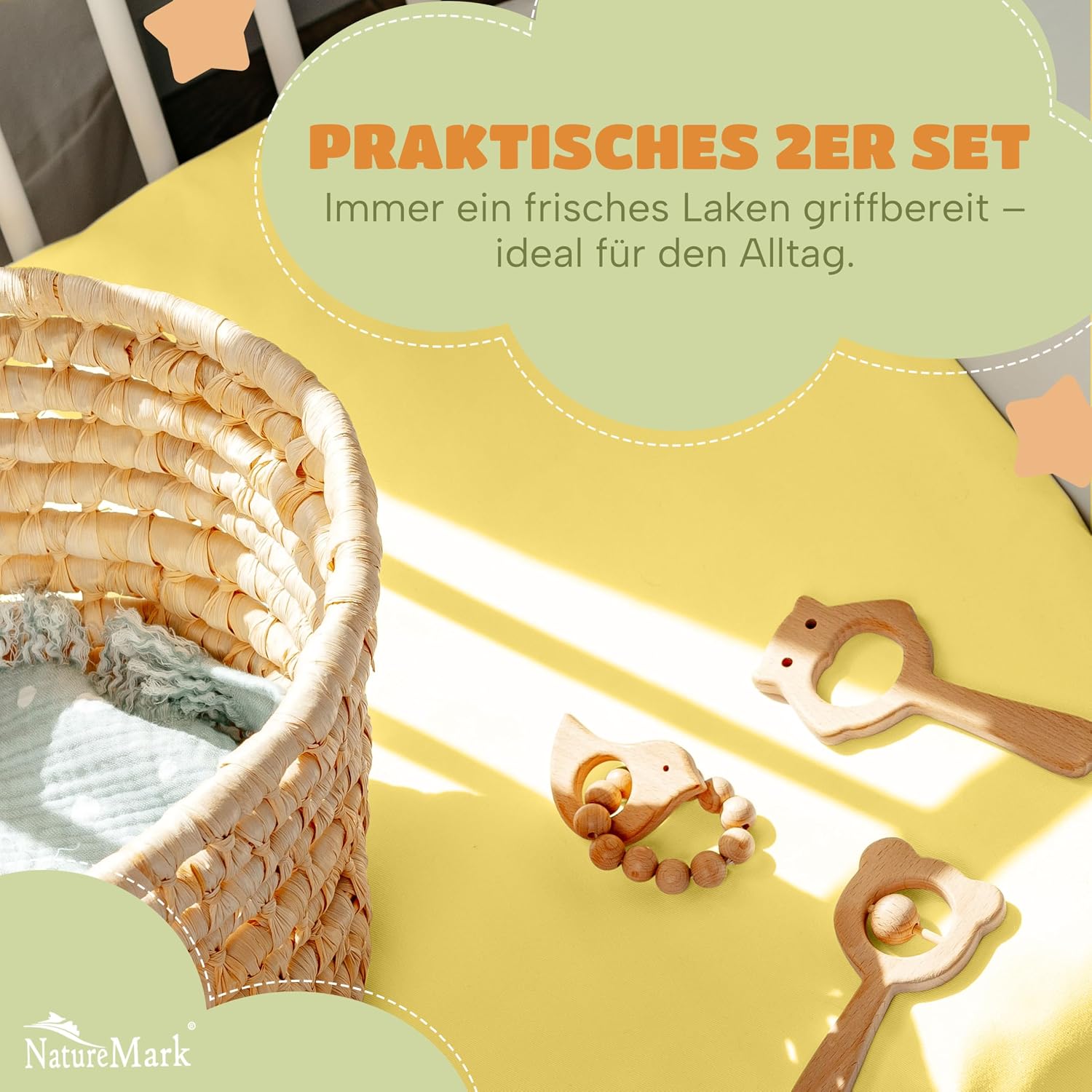 Detalle 2 de NatureMark Spannbettlaken 70x140 cm – 2er Set aus 100% Baumwoll-Jersey, Gelb