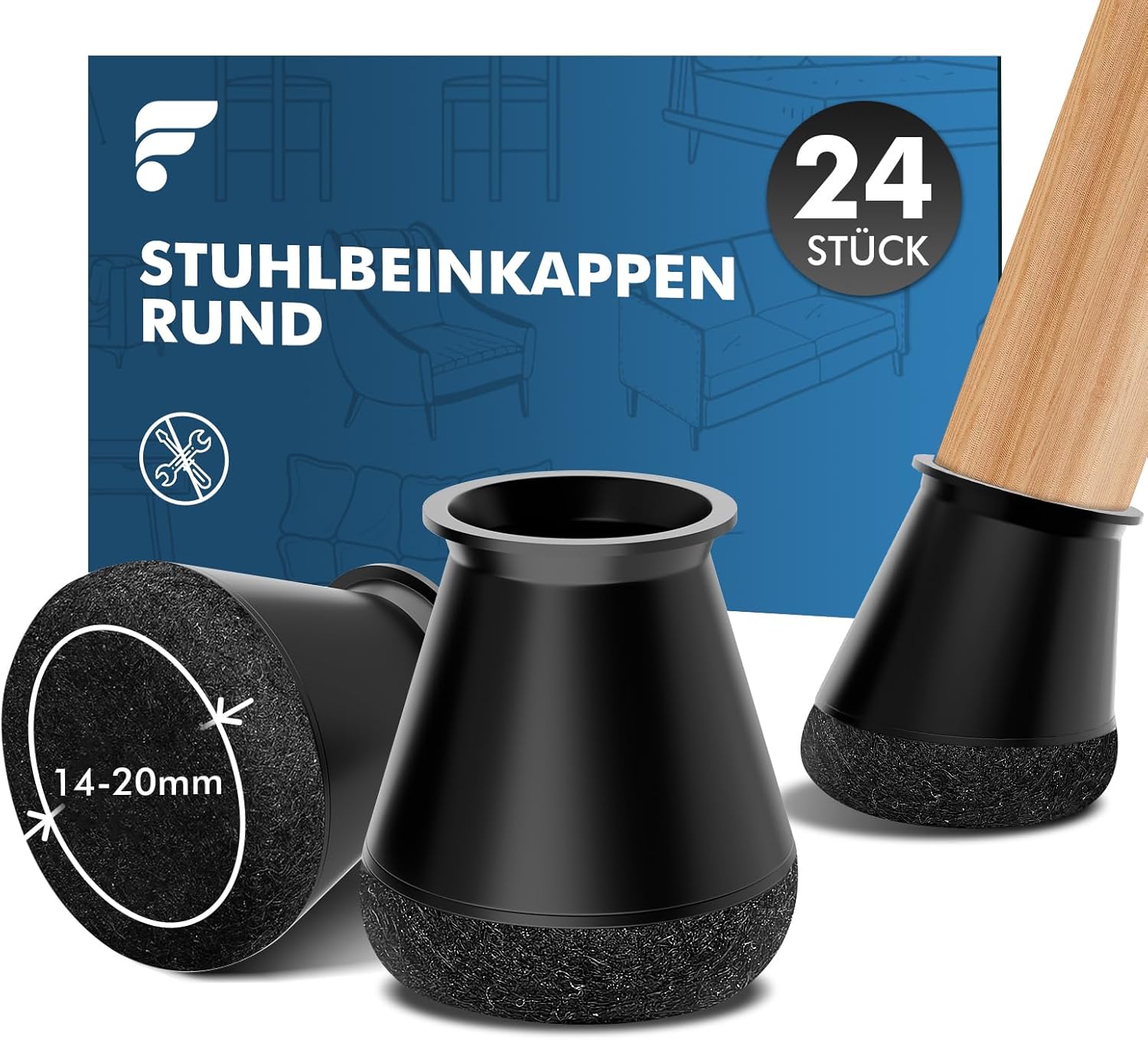 shinfly Stuhlbeinkappen Rund (24 Stück) – Filzgleiter für Stuhlbeine, schwarz (Fit: 14–20 mm)