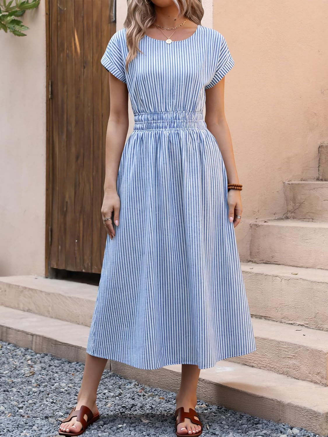 Thumbnail 2 de ANRABESS Womens Summer Midi Dress: Striped, Empire Waist, with Pockets