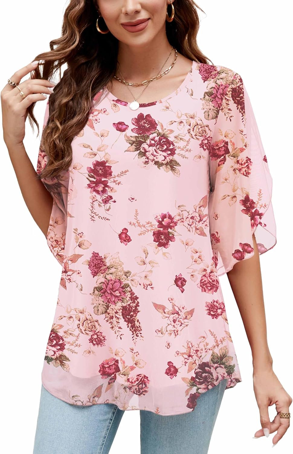 Detalle 2 de Actcat Women's Ruffle Blouse 3/4 Sleeve – Flowing Mesh Tunic Top