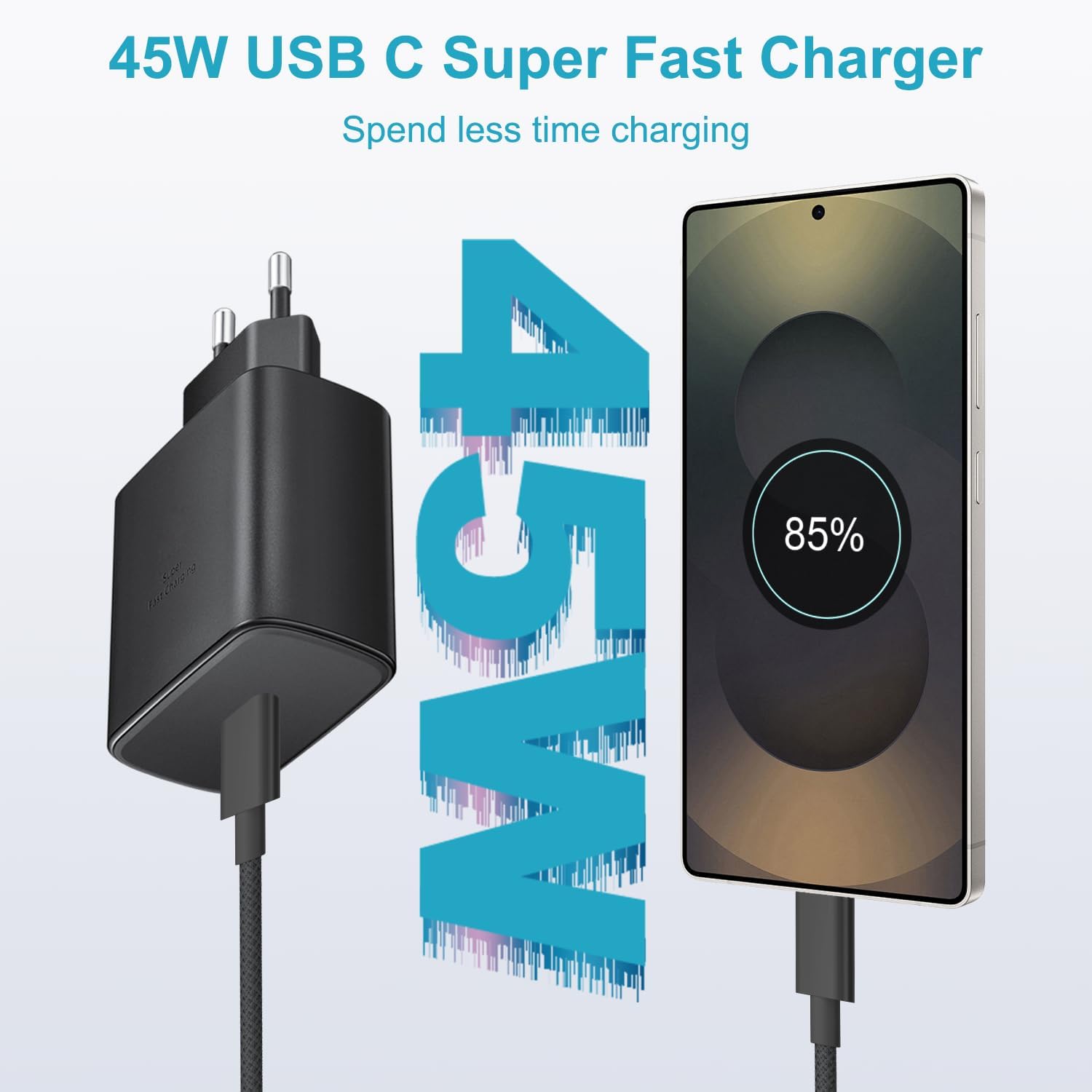 Detalle de Chargeur USB C 45W rapide pour Samsung Galaxy et câble tressé 3 m – sécurité et performance