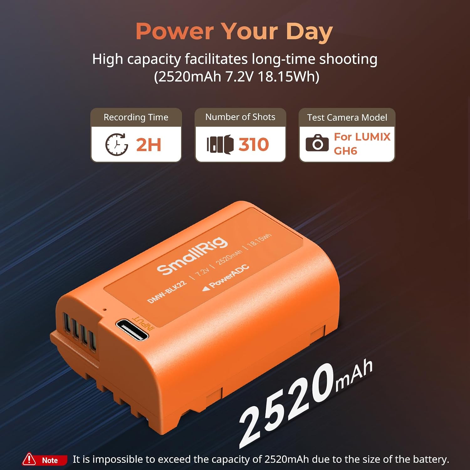 Detalle 2 de SmallRig DMW-BLK22 batteria sostitutiva USB-C da 2520 mAh per Panasonic Lumix (4979) – arancione