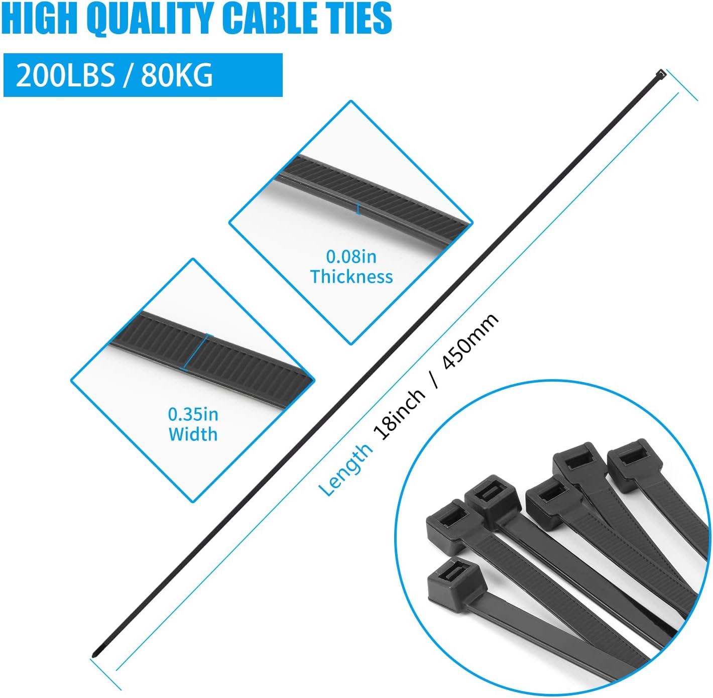 Detalle 2 de Armpow 9*450 Black 18-Inch Heavy-Duty Zip Ties, 220-Pound Strength, 100-Pack