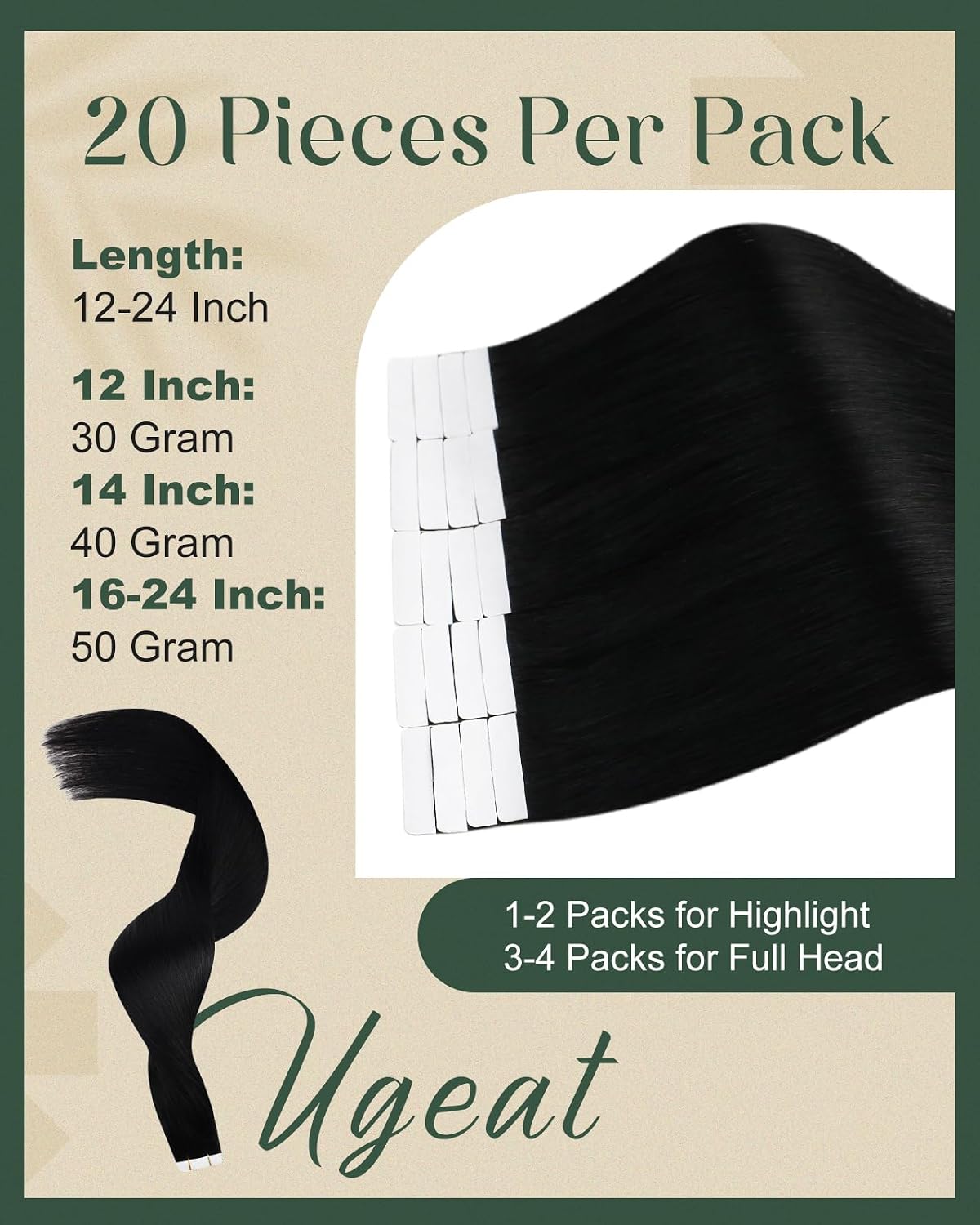 Detalle de Ugeat Tape-in Extensions Echthaar Schwarz – 20 Stück, 45 cm, 50 g