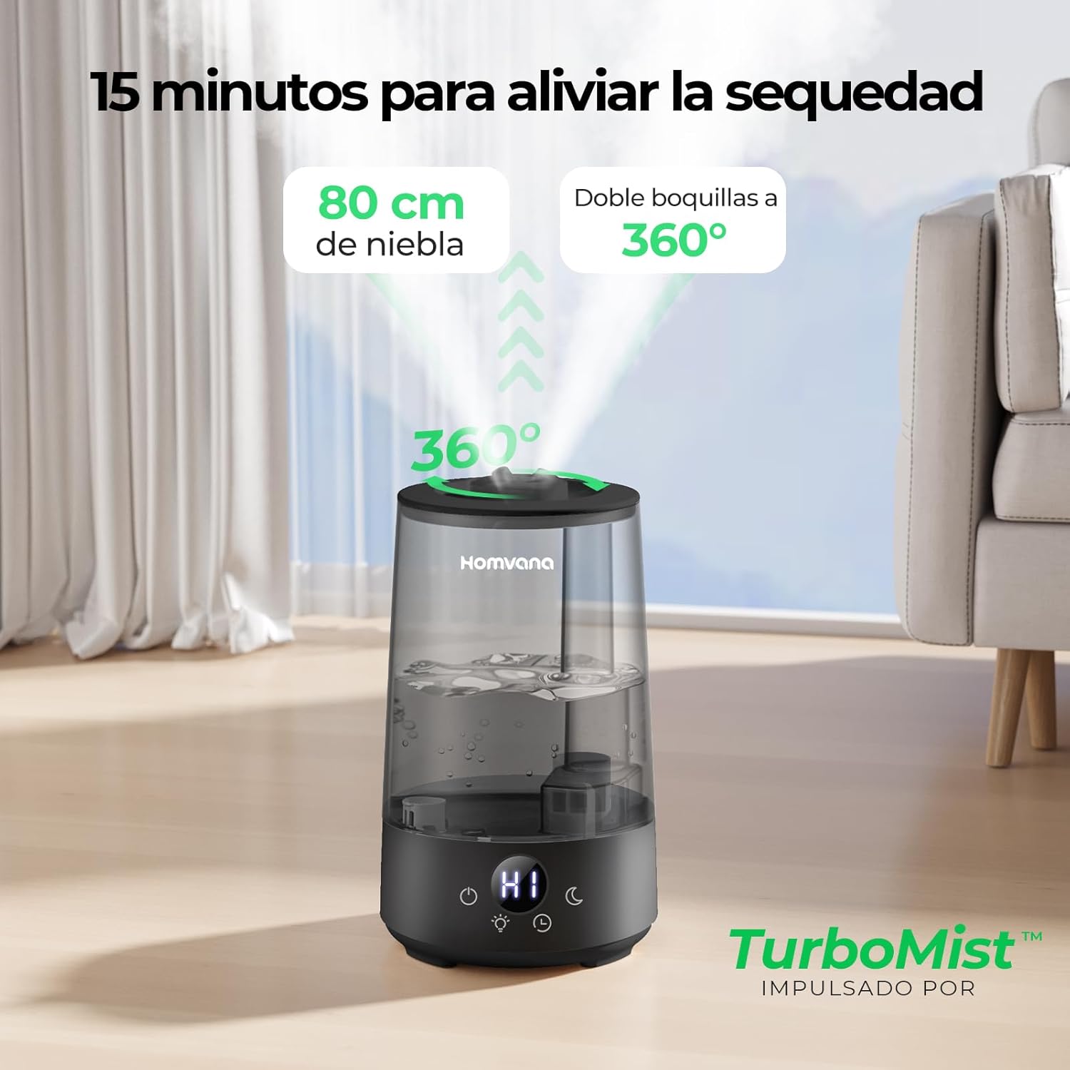 Detalle de Homvana humidificador ultrasónico para dormitorio (3,6 L, hasta 34 h, SilentSpray 16 dB, 360°)