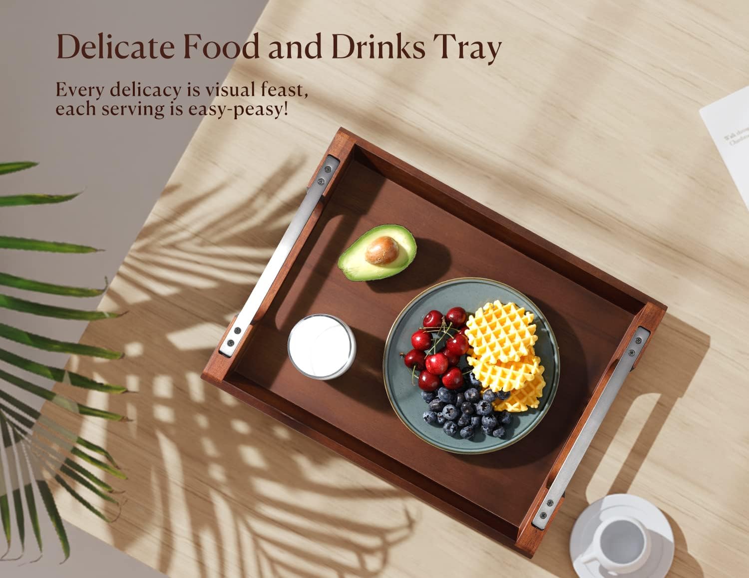 Detalle de Dofira Acacia Wood Serving Tray with Metal Handles (17x13in)