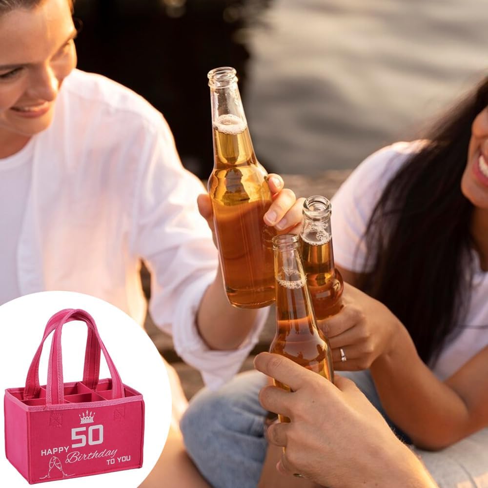 Detalle de Flaschentasche zum 50 Geburtstag Frau – Geschenkset aus rosa Filz mit 50 GEBURTSTAG-Druck, Platz für bis zu 6 kleine Sektflaschen