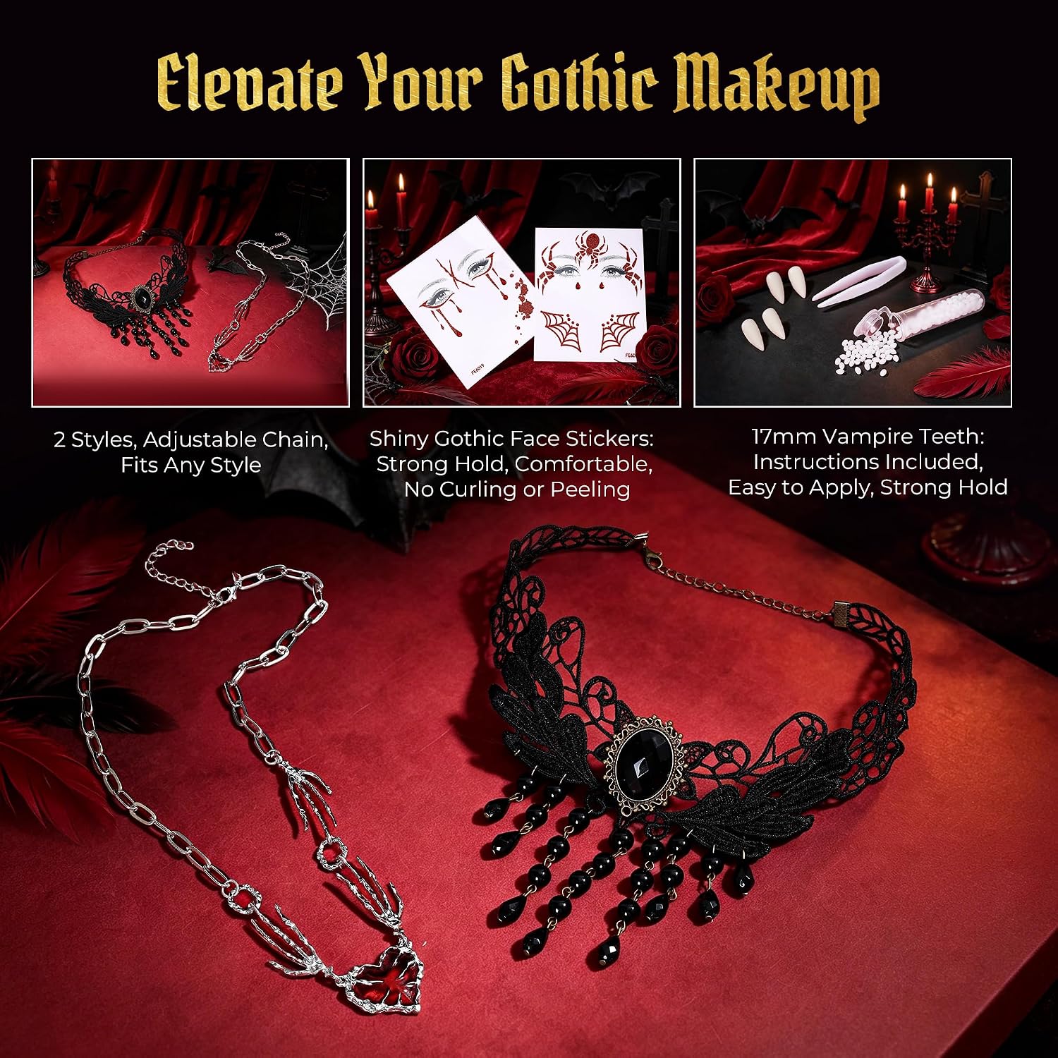 Thumbnail 6 de VANERIA Ensemble d’accessoires gothiques, collier en dentelle et détails vampire