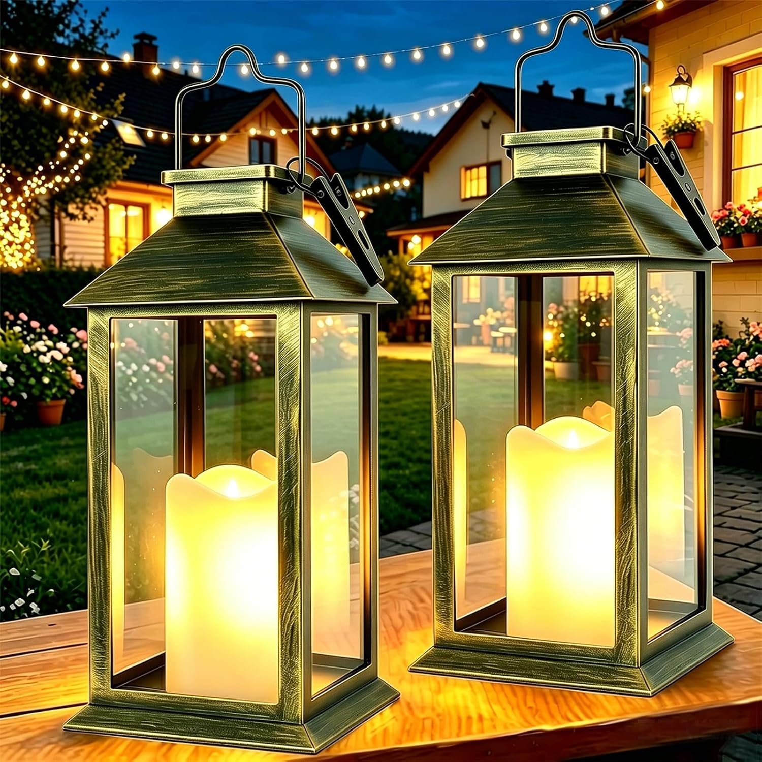 Detalle de Dekofun Lanterne da Esterno in Bronzo, 2 Pezzi Lanterne Solare con Fiamma Tremolante – IP44