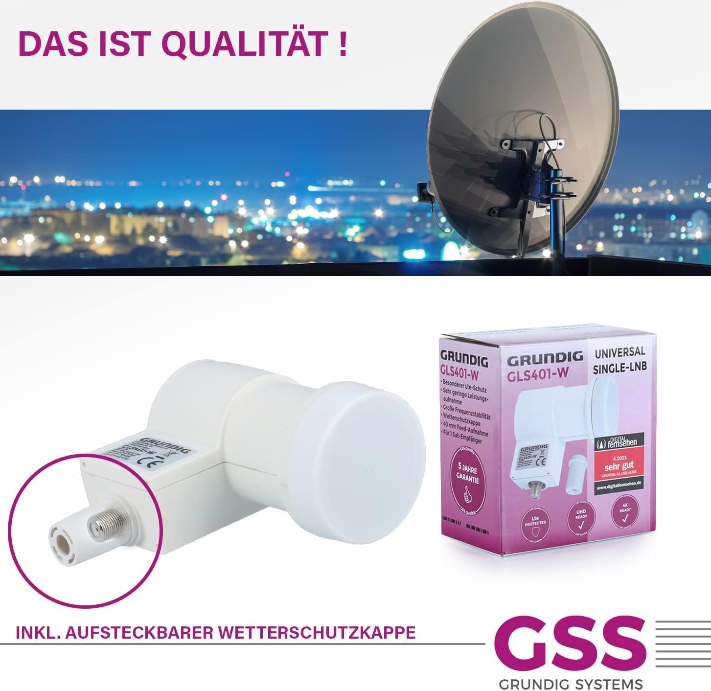 Detalle de GSS Single LNB Weiß mit LTE-Filter – 1 Teilnehmer, wetterfest, Full HD/4K