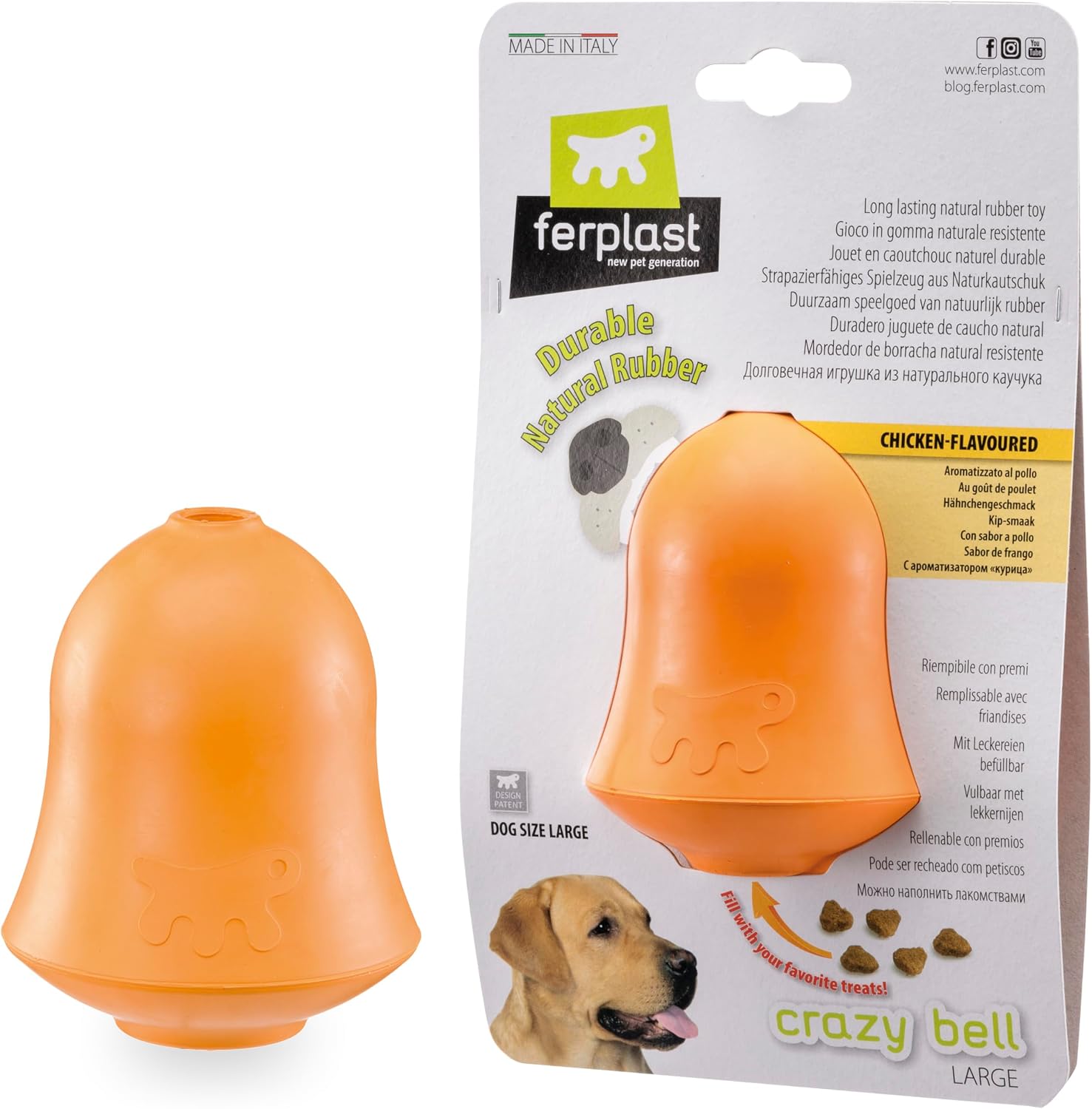 Detalle de Ferplast Crazy Bell – jouet distributeur de croquettes en caoutchouc naturel, arôme poulet (orange)