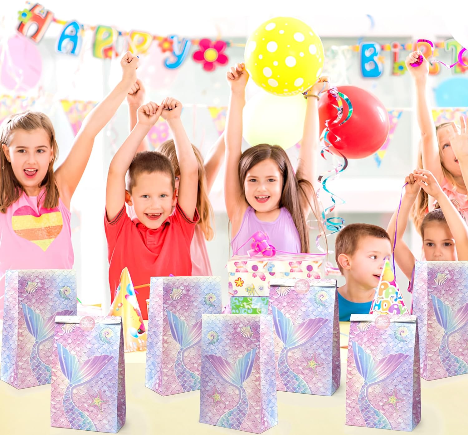 Thumbnail 4 de 12 Geschenktüten „Meerjungfrau“ aus Kraftpapier (mit Aufklebern), Set für Süßigkeiten & Party-Goodies