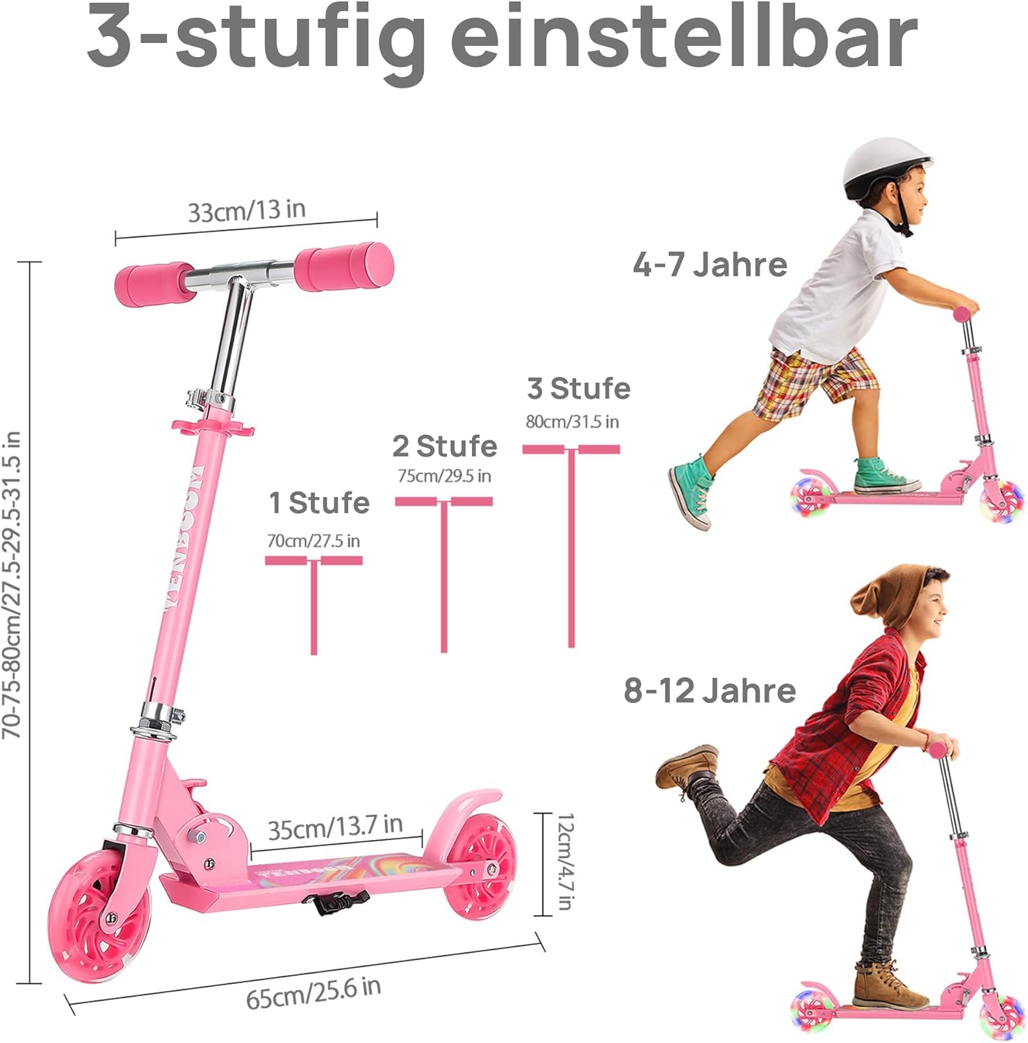 Detalle de TENBOOM Roller Kinder ab 3 Jahren mit 2 Rädern, klappbar, 3 höhenverstellbar und LED-Räder