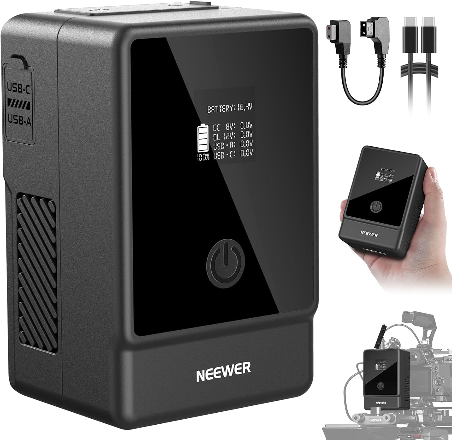 Detalle de NEEWER Basics V-Mount Akku PS099E (99Wh) mit OLED-Display, PD 65W und D-Tap/Typer-C-Kabel