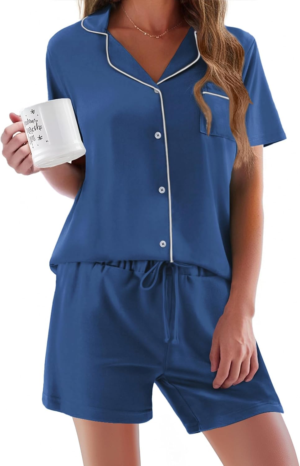 Thumbnail 5 de Ekouaer Schlafanzug Damen Kurzarm als Pyjama-Set mit Knöpfen, Taschen & Kurz-Lounge-Hose (S–XXL)