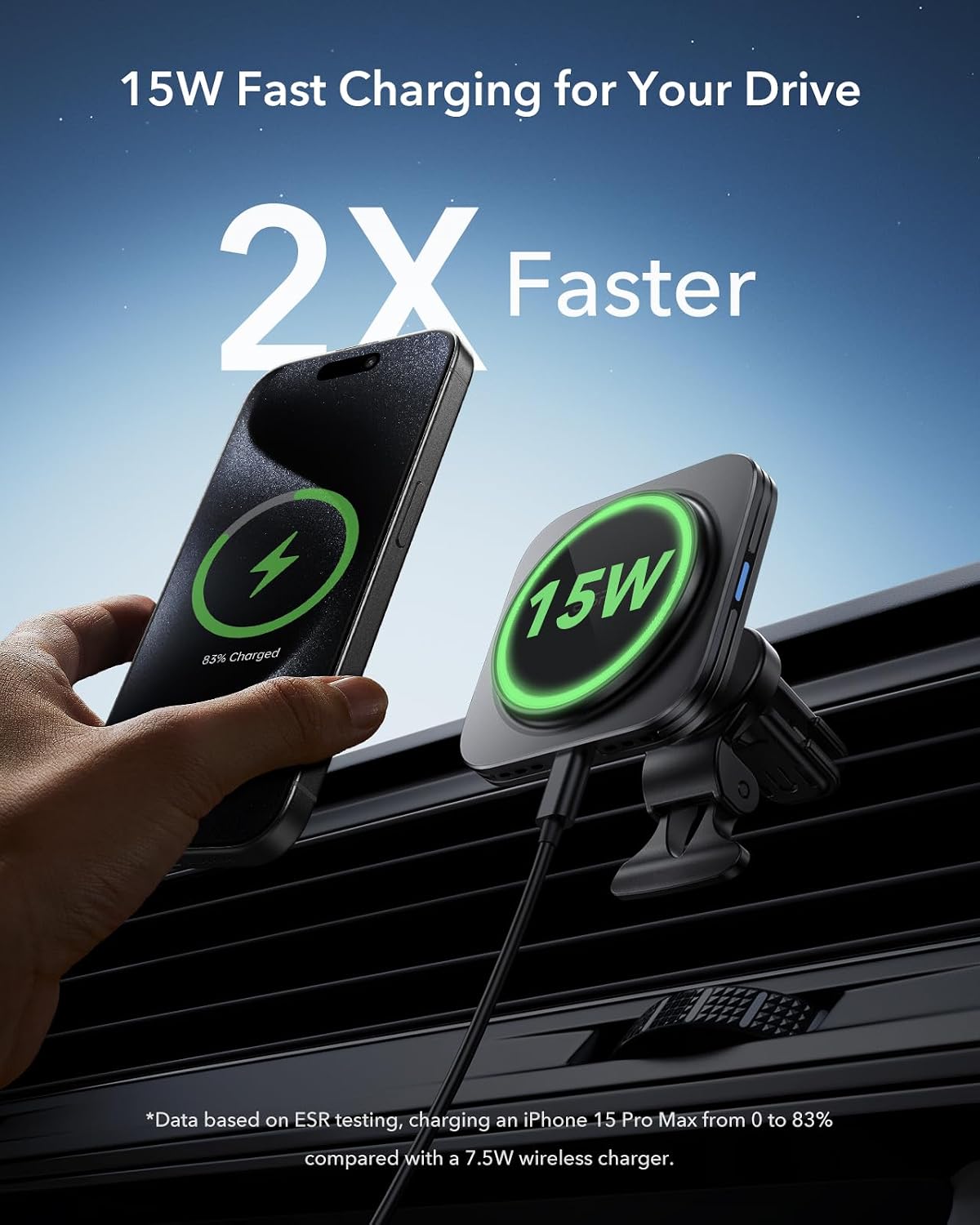 Detalle de ESR 15W MagSafe-Autohalterung mit Ladefunktion für iPhone & Galaxy – Magnet-Handyhalterung fürs Auto