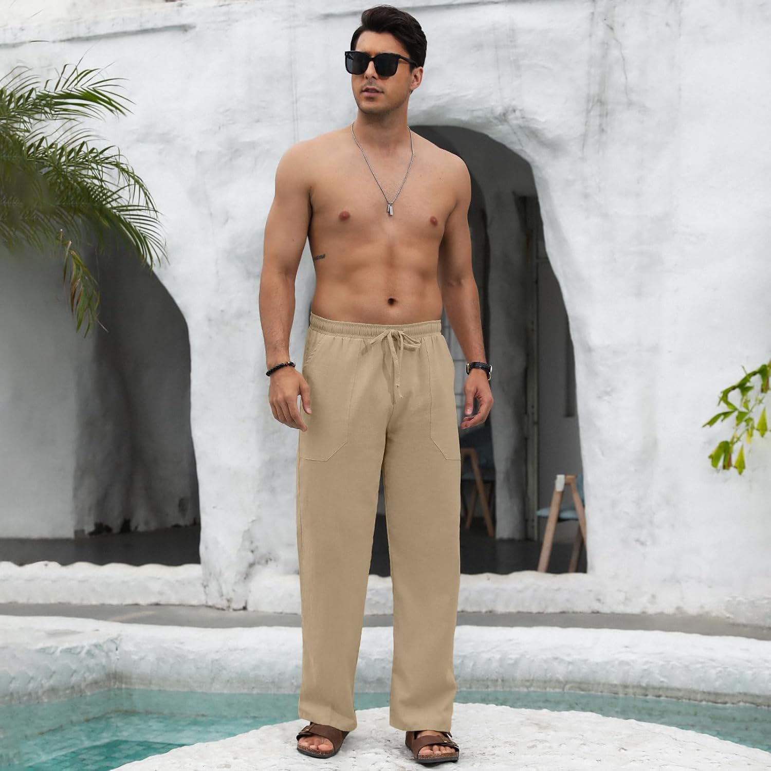 Thumbnail 2 de Puimentiua Cotton Linen Pants for Men — Loose Fit Elastic Drawstring Summer Beach Trousers