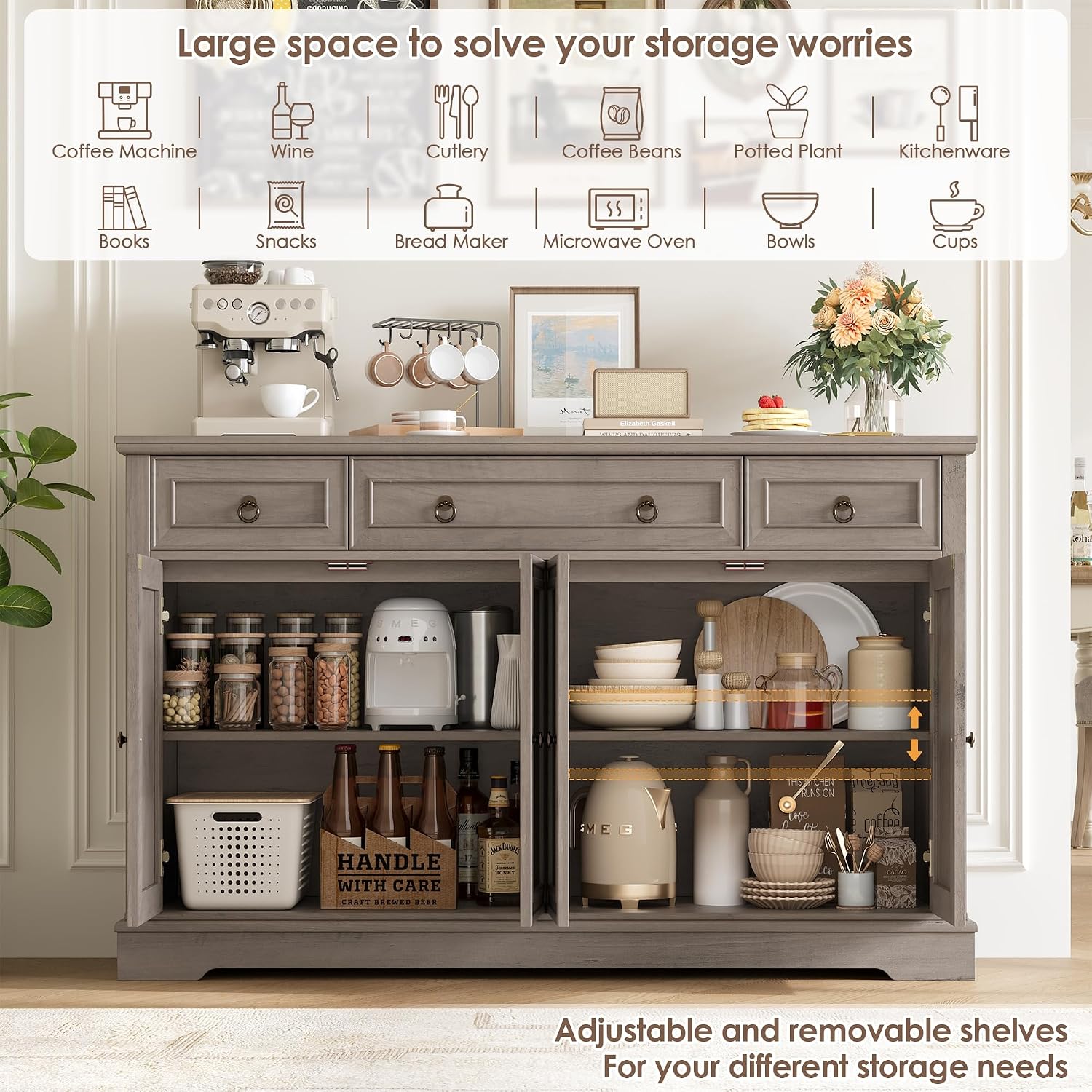 Detalle 2 de FirFurd P307 Ash Grey Sideboard, 3 Drawers, 4 Doors and Adjustable Shelf