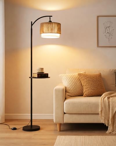 Detalle de Wio-Mio Lámpara de Pie de Ratán con Mesa: boho moderno con luz regulable y superficie auxiliar