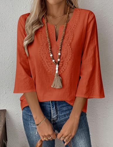 Thumbnail 1 de Rapbin Women's Tops: 3/4 Sleeve Cotton Linen V-Neck Boho Lace Blouse